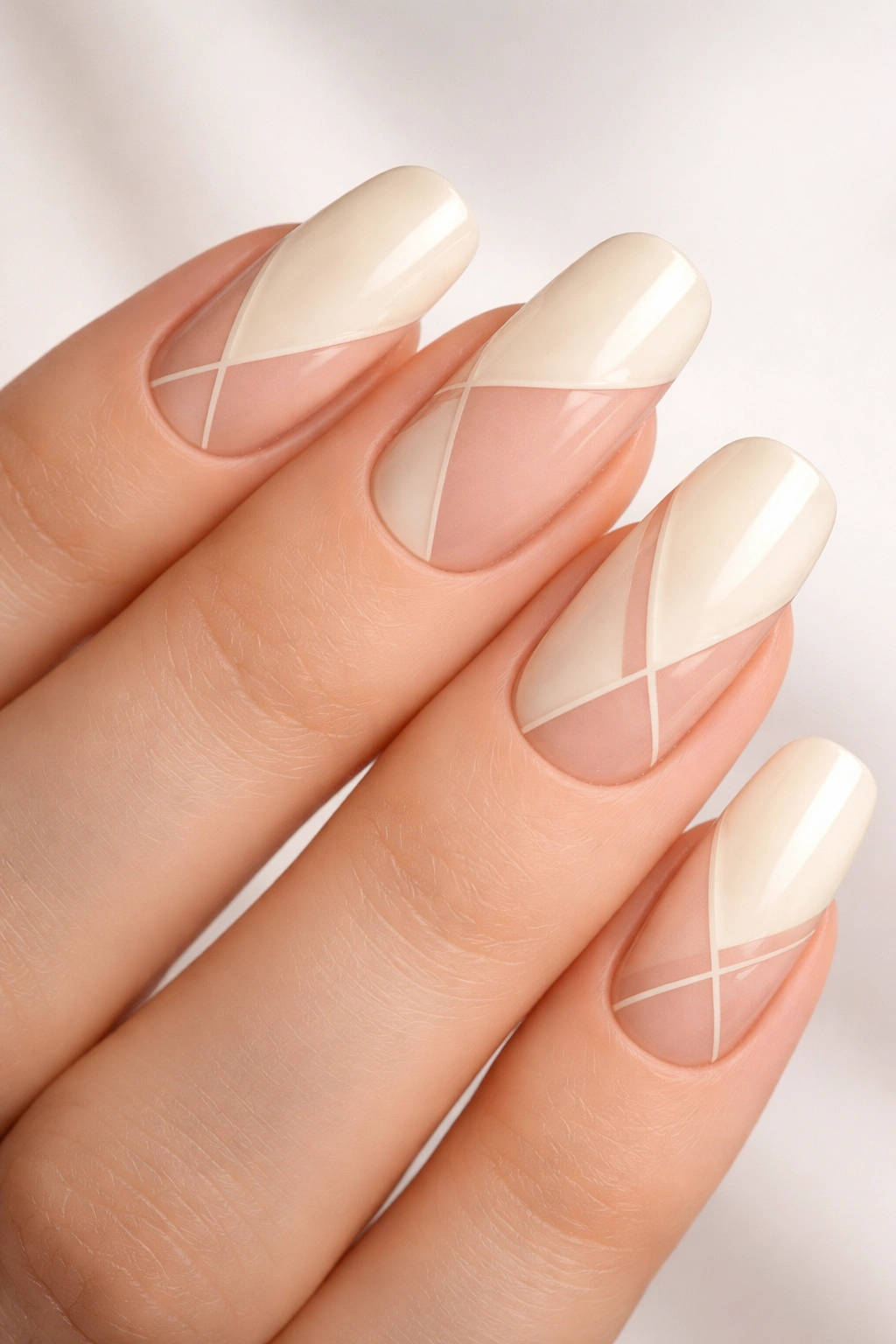 Close-up of nails with cream base and negative-space geometric lines on long rounded-square nails