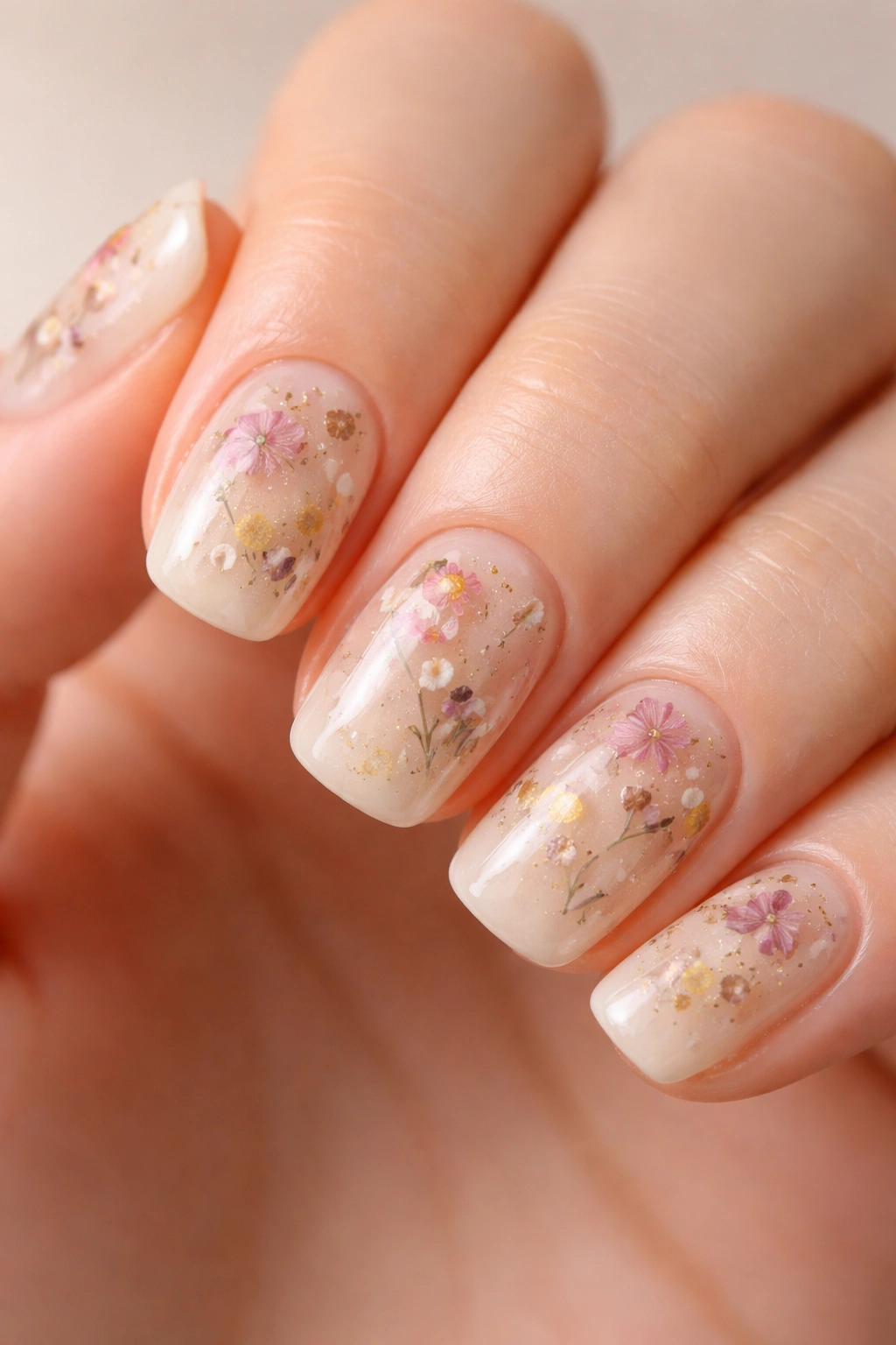 Close-up of cream base nails with pressed dried flowers under clear topcoat on short squoval nails
