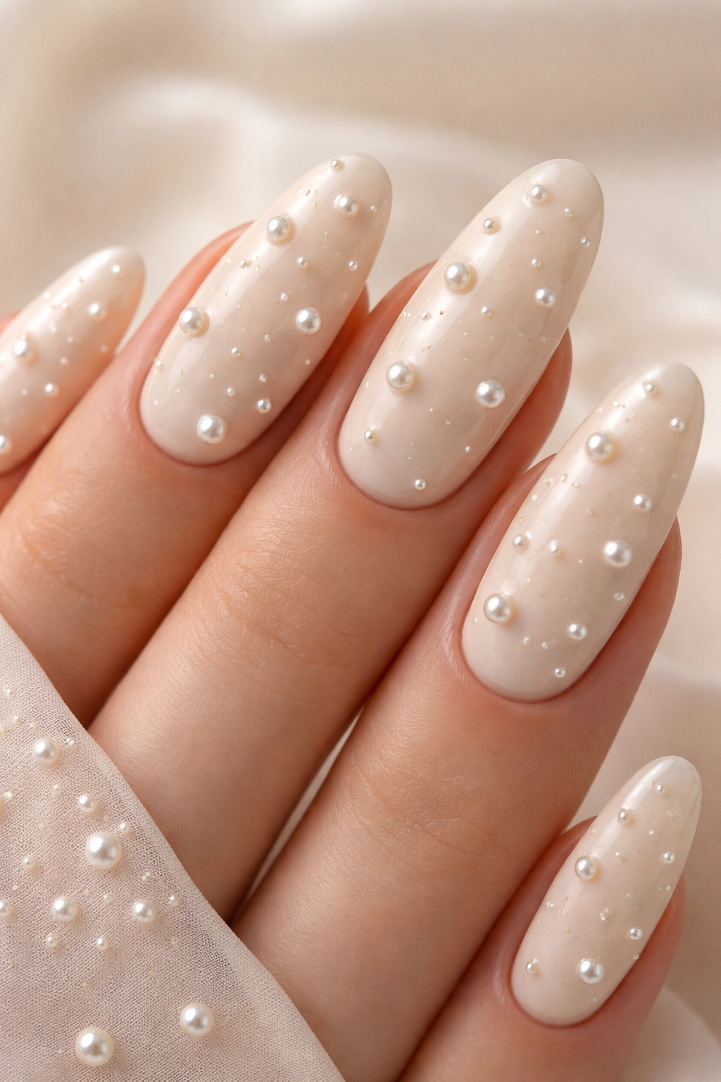 Cream nail with scattered seed pearls on long oval shape
