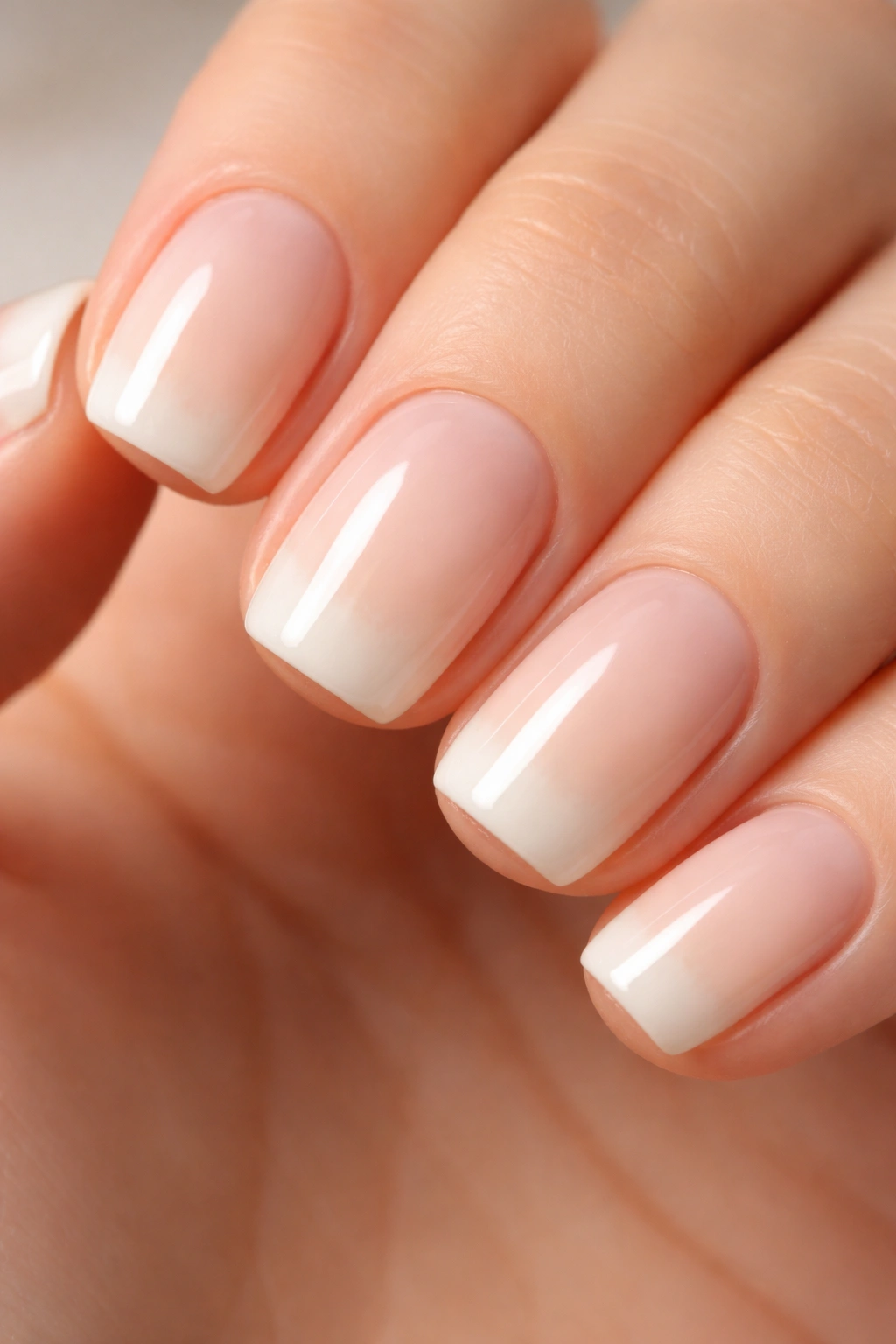 Close-up of short squoval nails with cream base and soft white gradient tips.