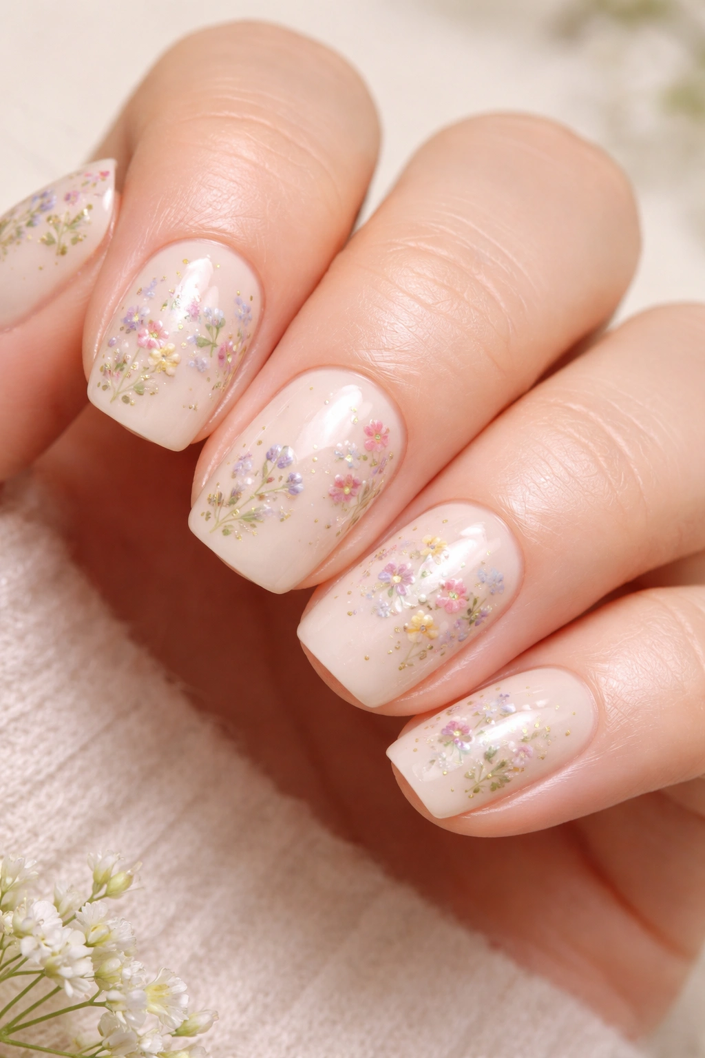 Close-up of nails with ivory cream base and scattered pastel wildflower clusters