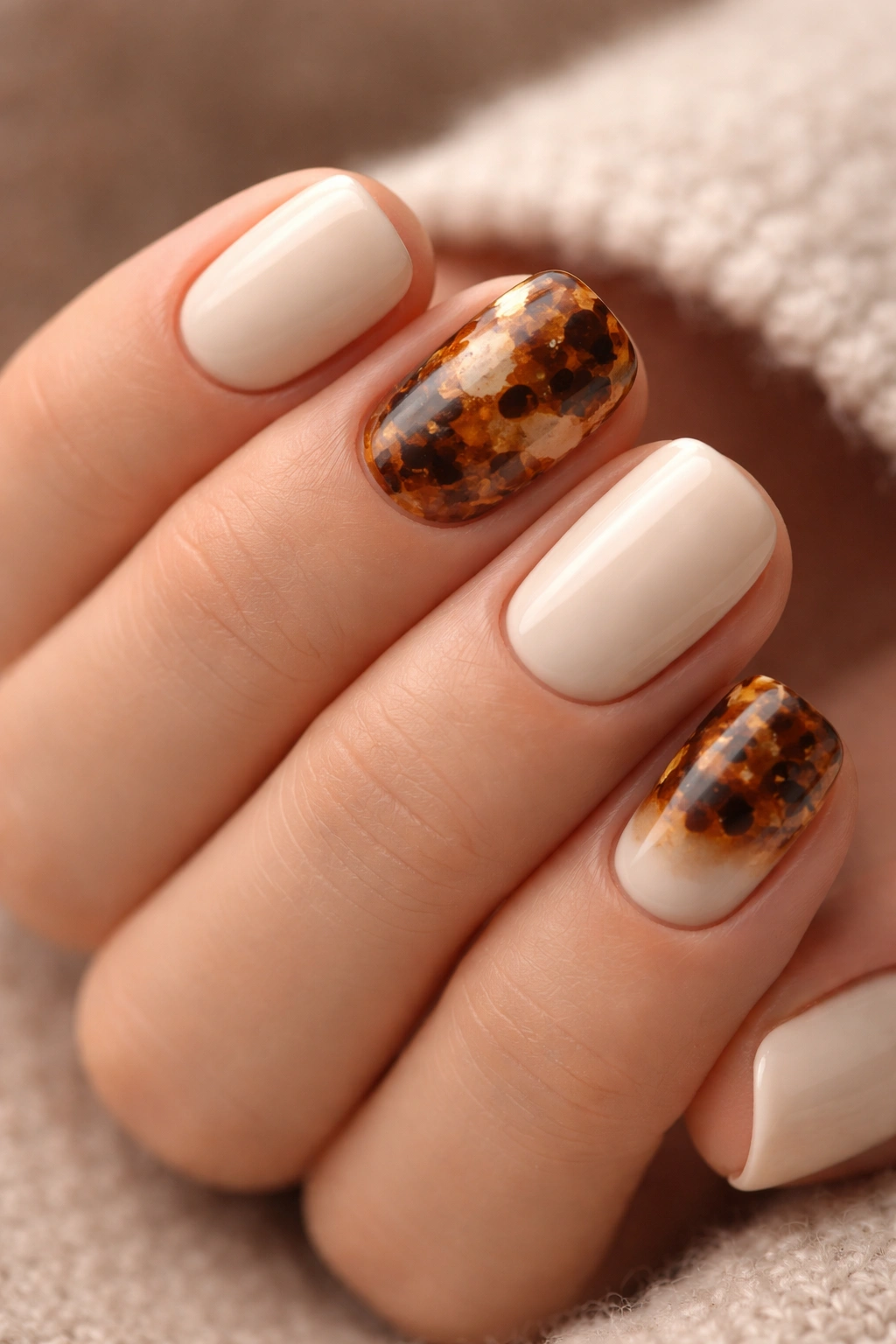 Close-up of nails with cream base and tortoiseshell pattern accents