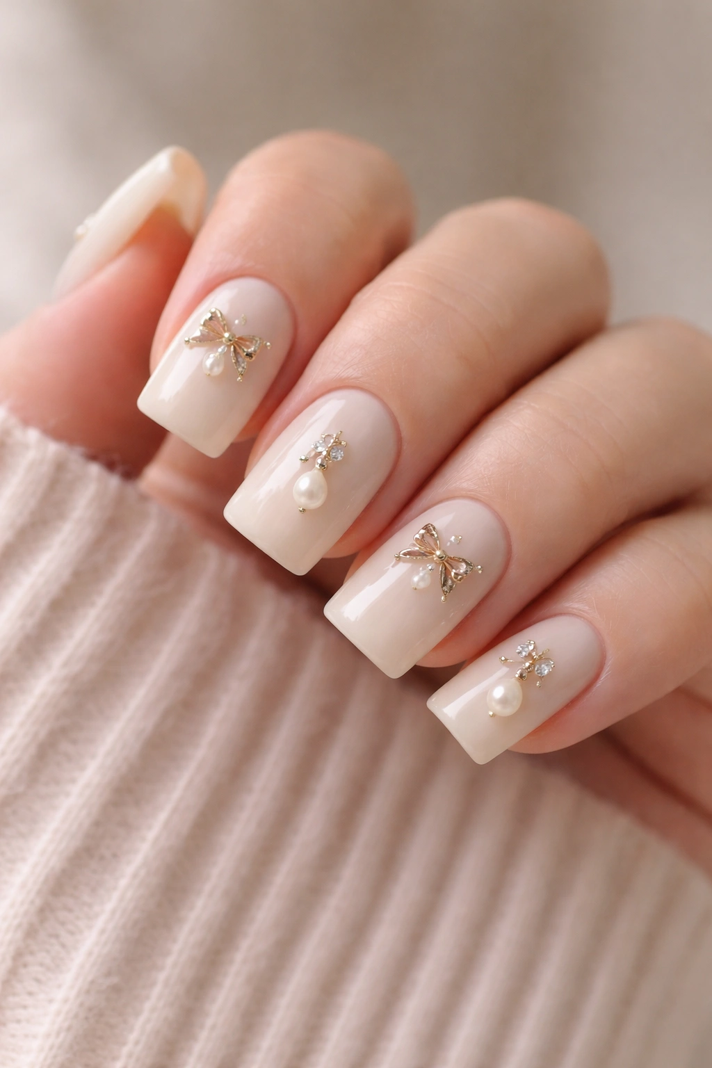 Close-up of short duck nails with cream base, bows and pearl charms.