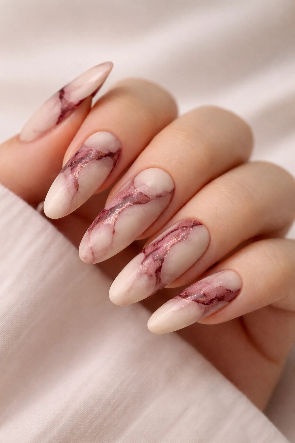 Close-up of long round nails with cream base and burgundy marble veining in matte finish.