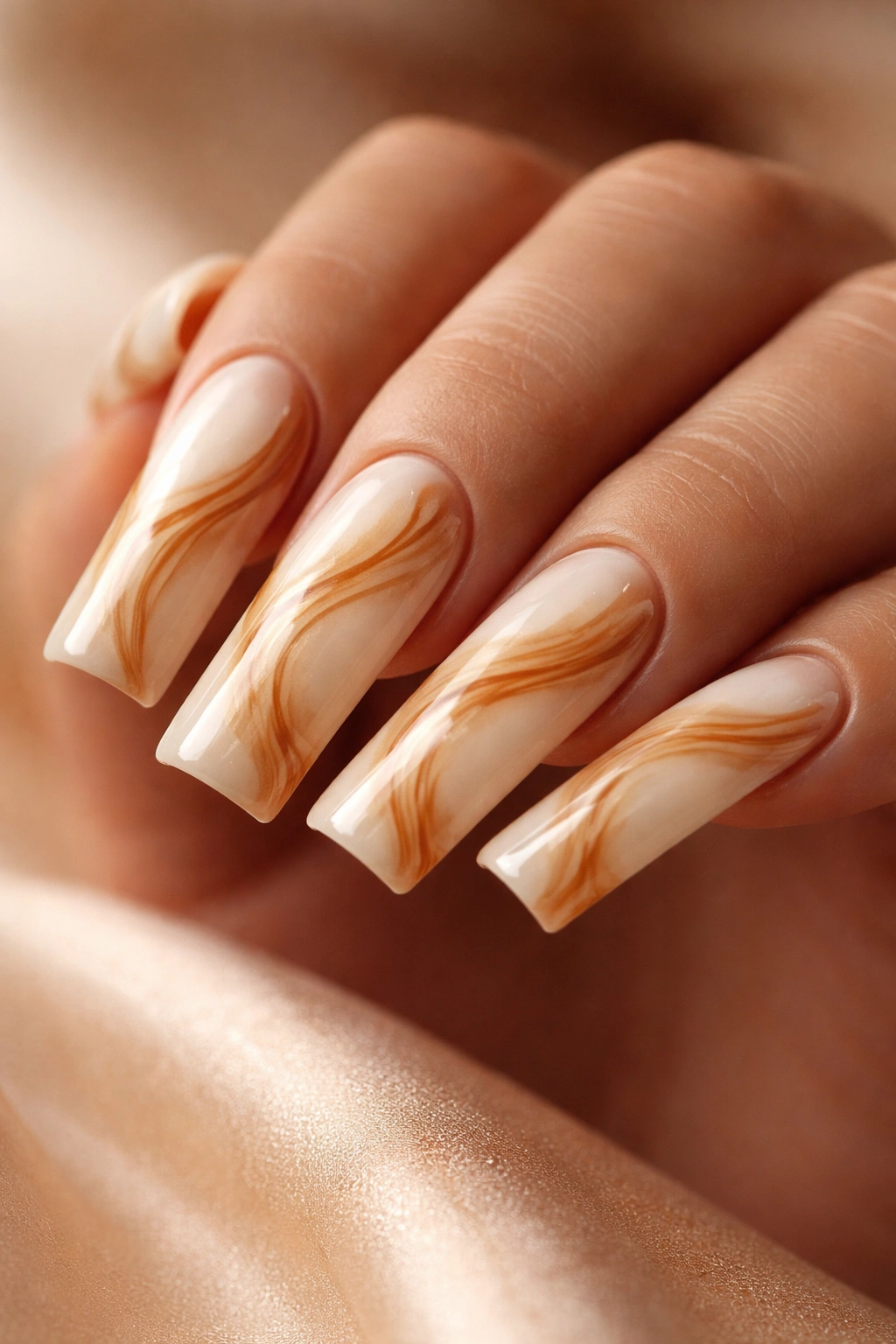 Close-up of a duck nail with cream base and caramel swirl