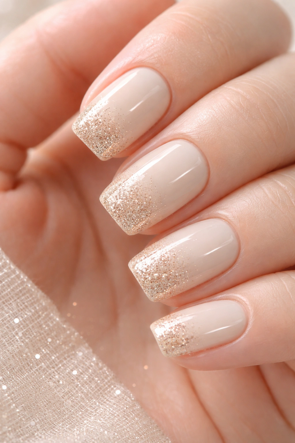 Close-up of ivory nails with champagne glitter