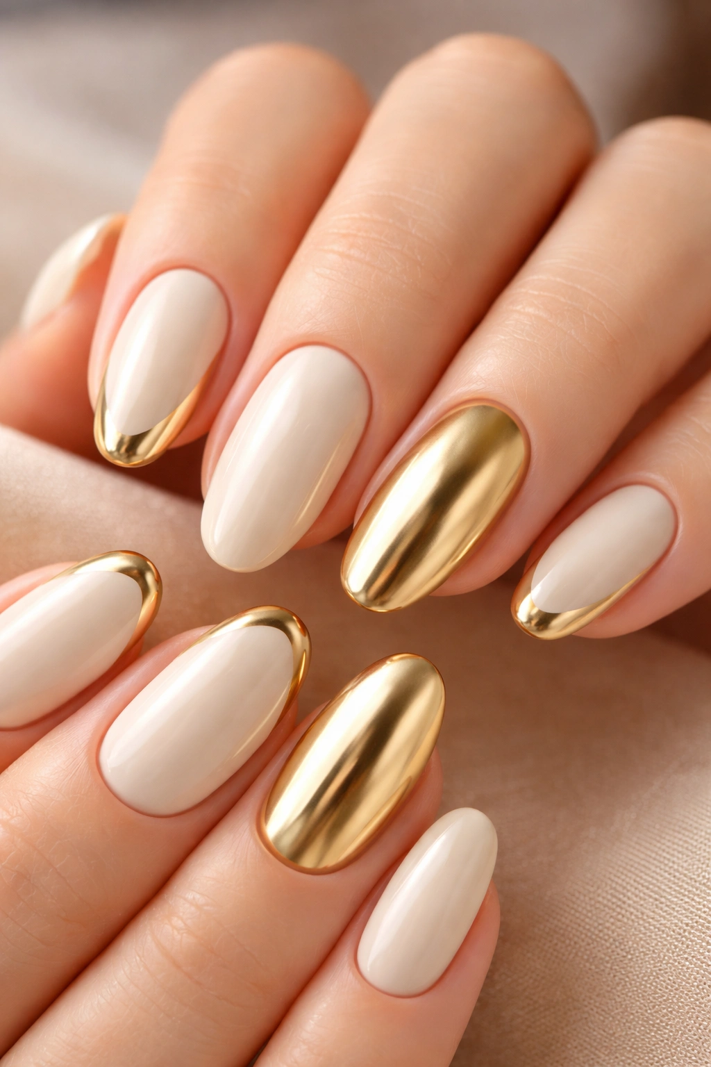 Close-up of cream nails with a gold chrome accent nail