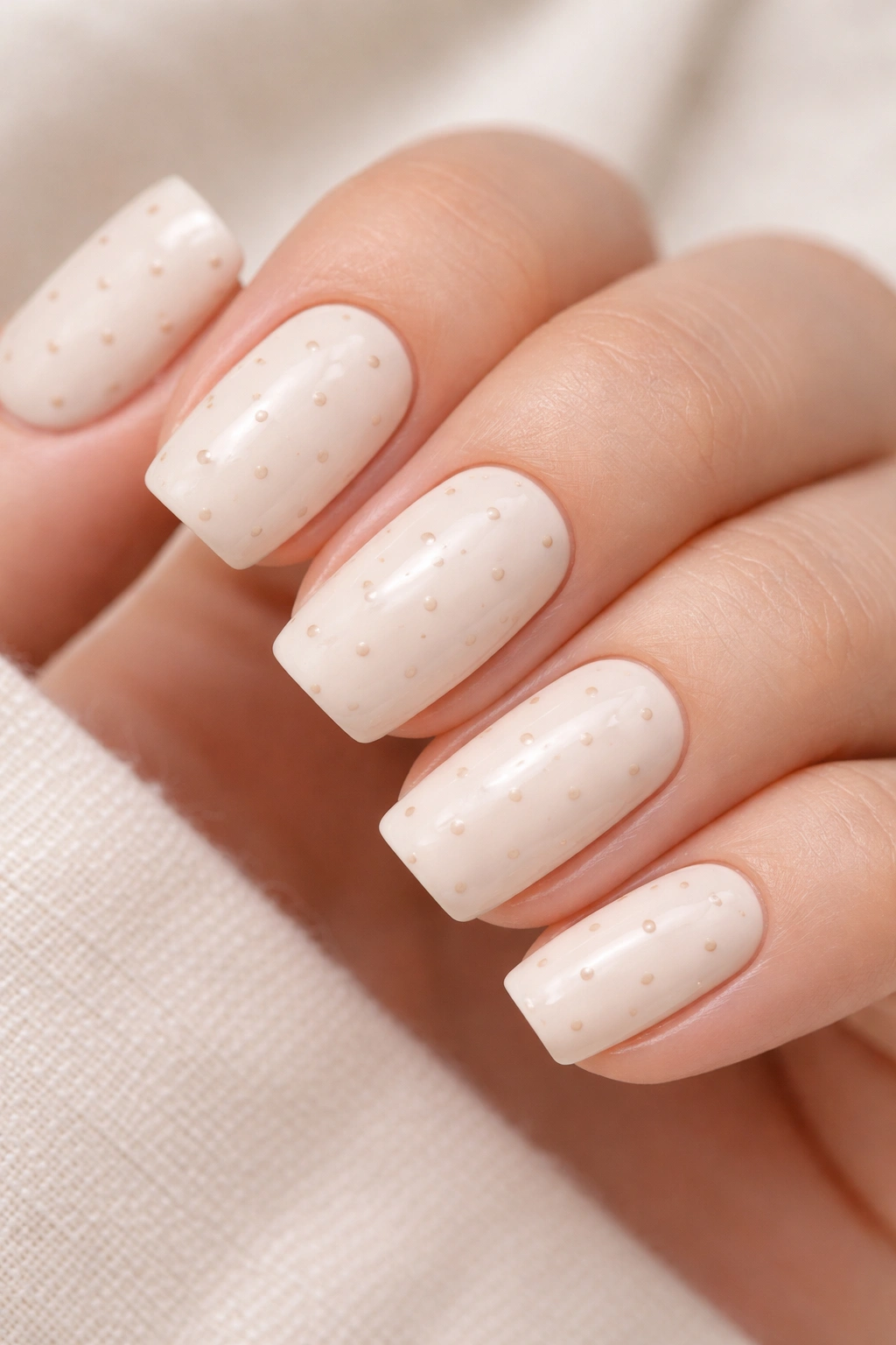 Creamy nails with delicate dots on soft square nails