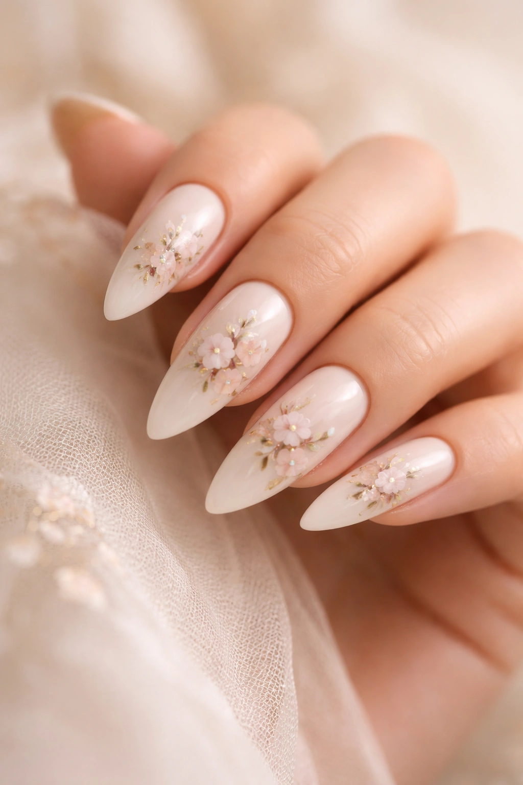 Cream stiletto nails with delicate hand-painted floral designs
