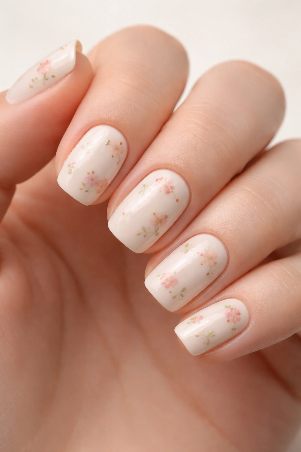 Close-up of cream base nails with tiny floral stamping on short squoval nails