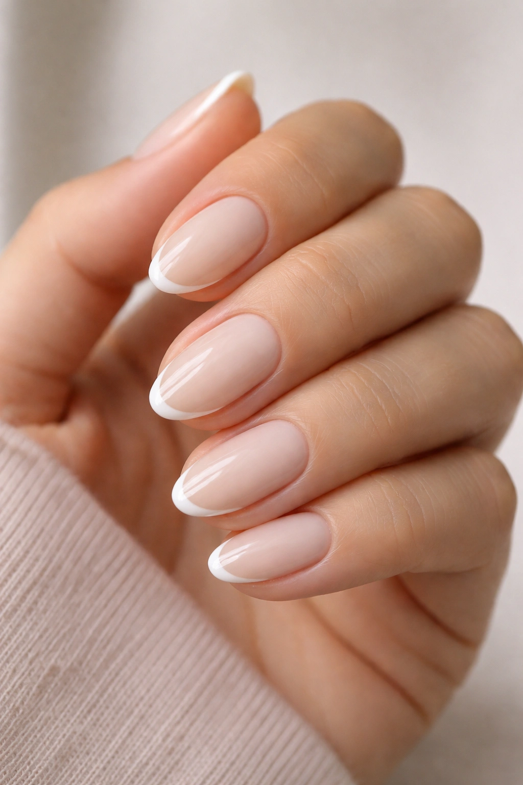 Short almond nails with micro French tips on cream base.