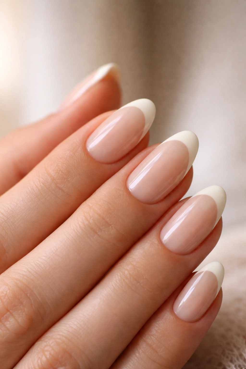 Short almond nails with slim cream French tip on nude base