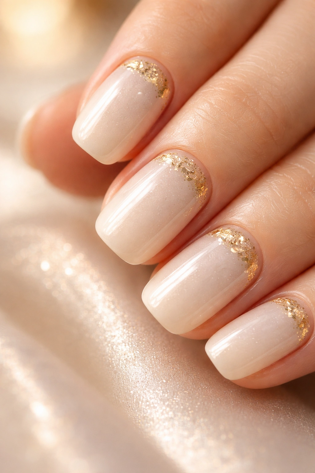 Close-up of cream glaze nails with tiny gold leaf accents near the cuticle