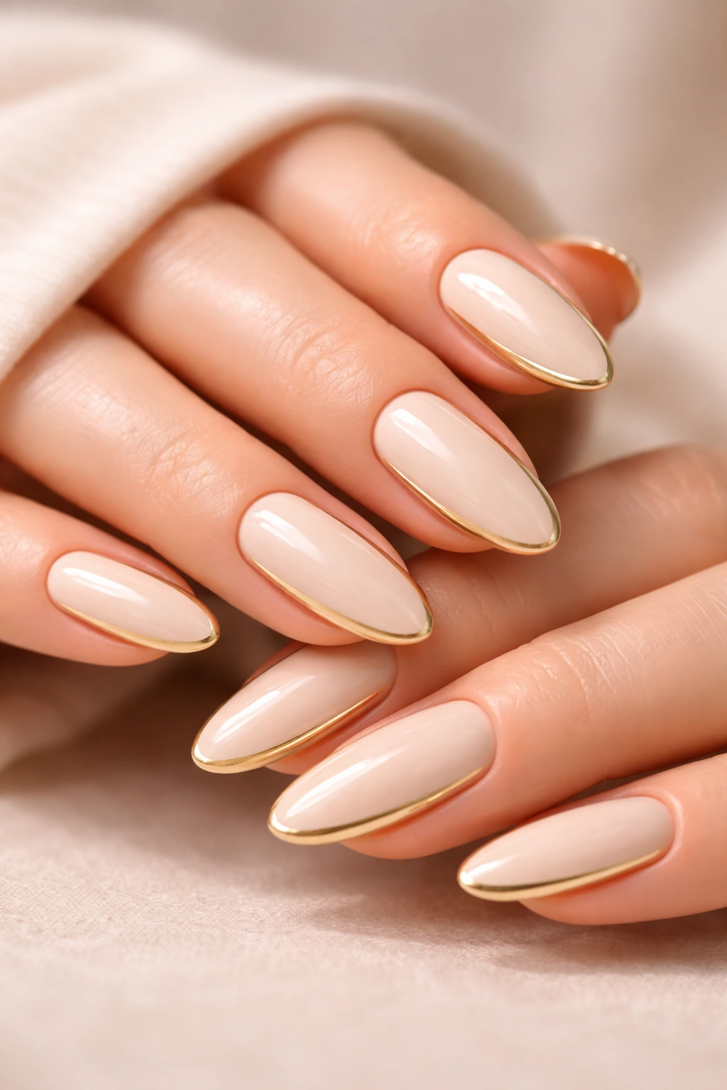 Close-up of nails with cream base and gold side stripe in a side French manicure
