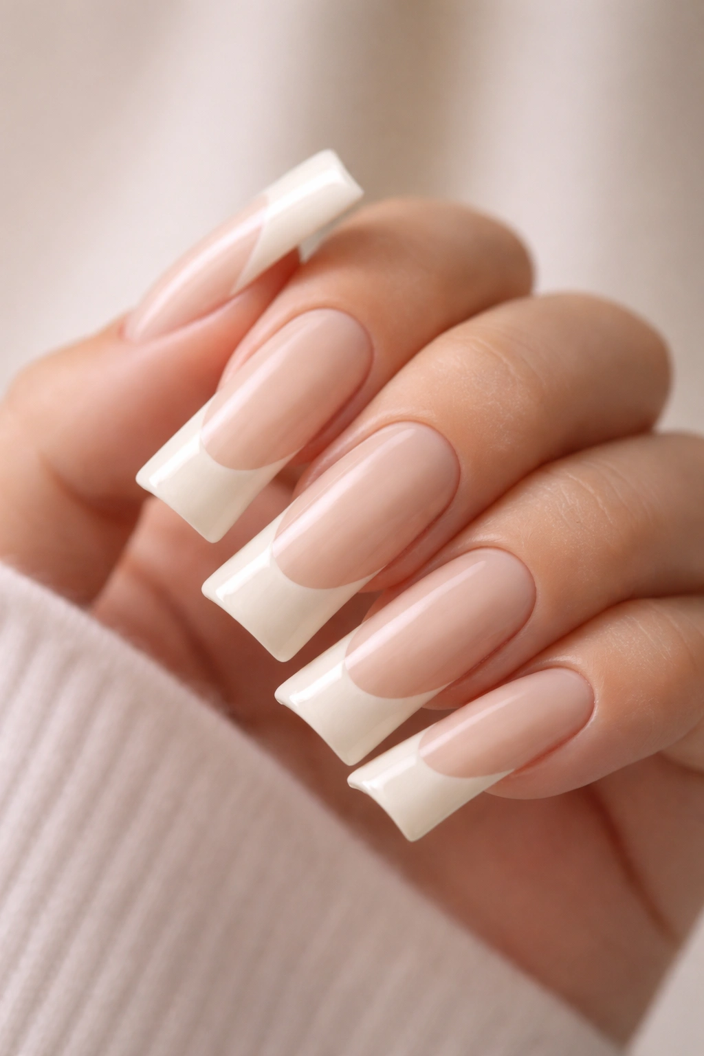 Close-up of long duck nails with warm cream base and ivory French tips.