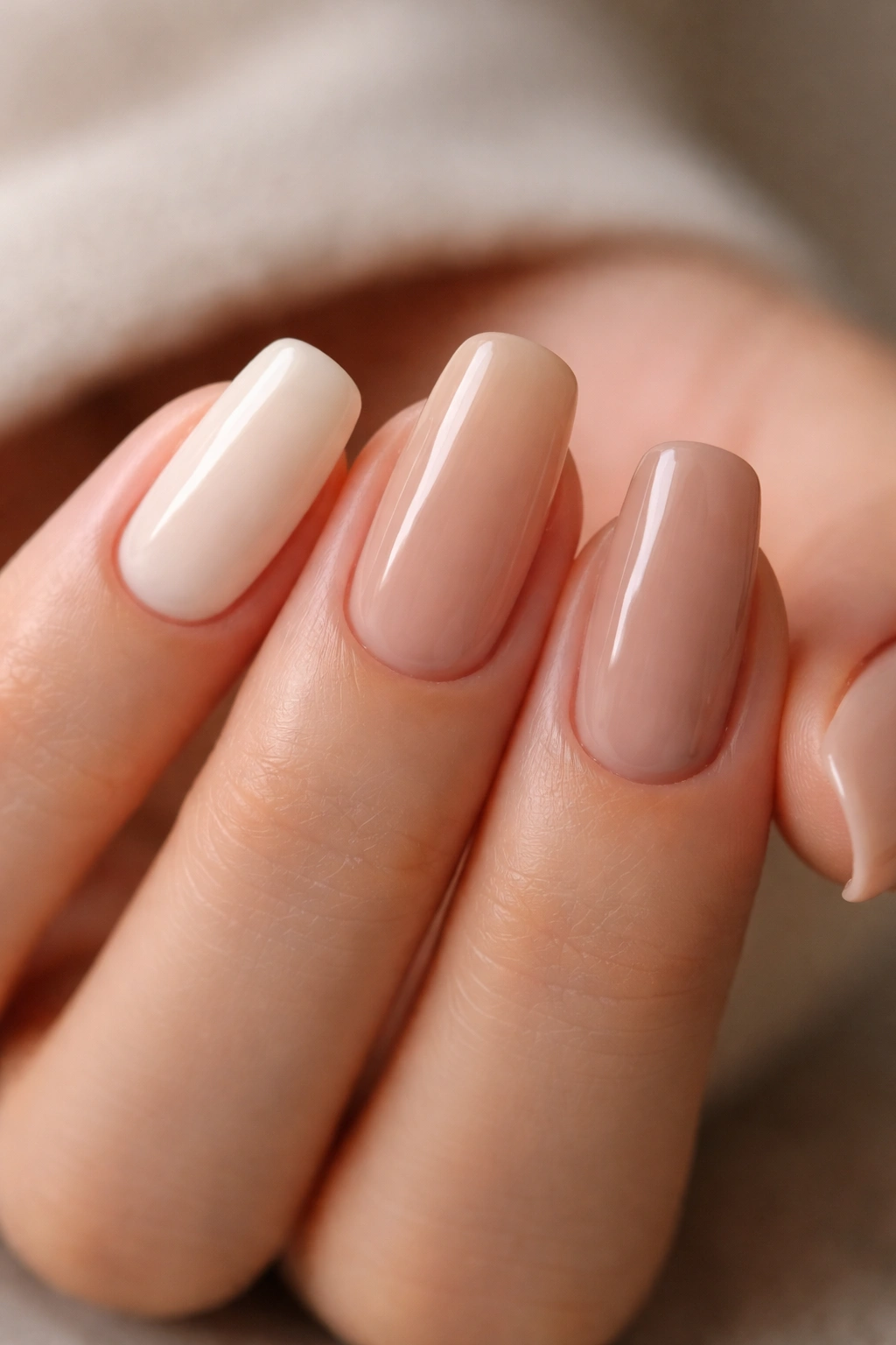 Three nails in cream, jelly beige, and taupe tones in a cohesive mismatched set