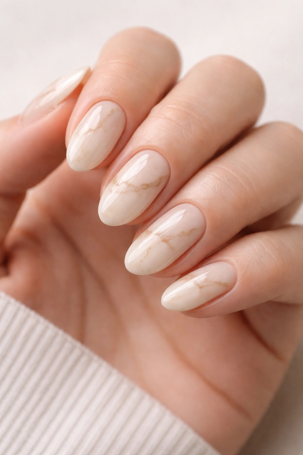 Close-up of short almond nails with cream ivory-beige marble and delicate veining.