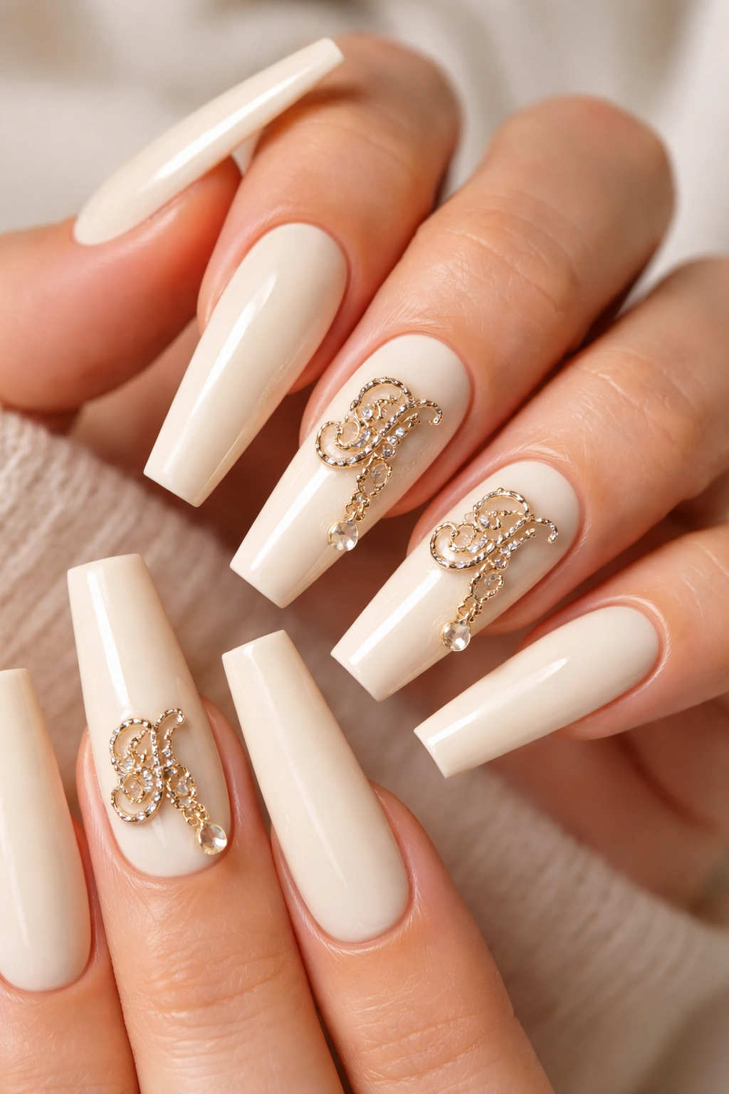 Cream nails with metallic monogram-inspired charms on accent nails