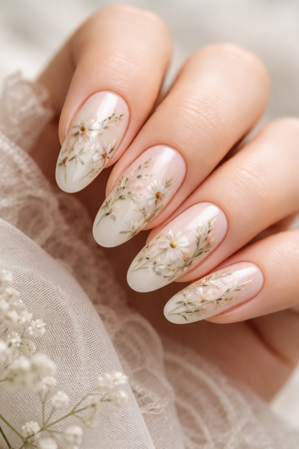 Cream nails with hand-painted botanical designs on long rounded tips