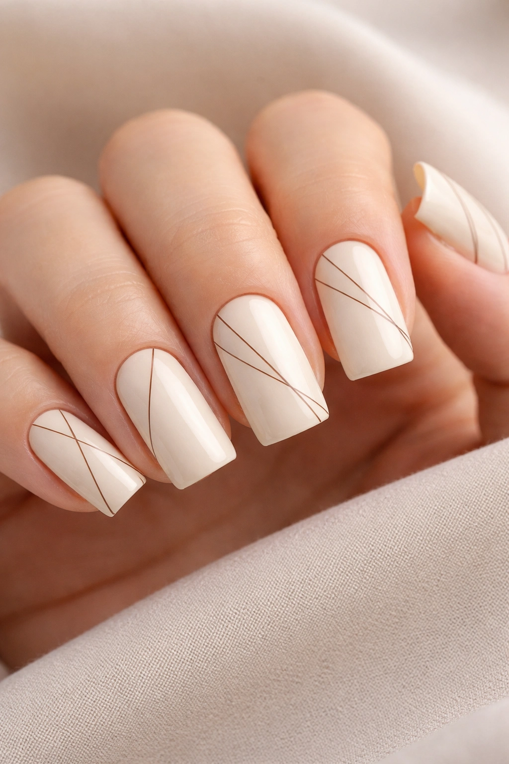 Close-up of creamy nails with subtle brown linear patterns on a neutral background