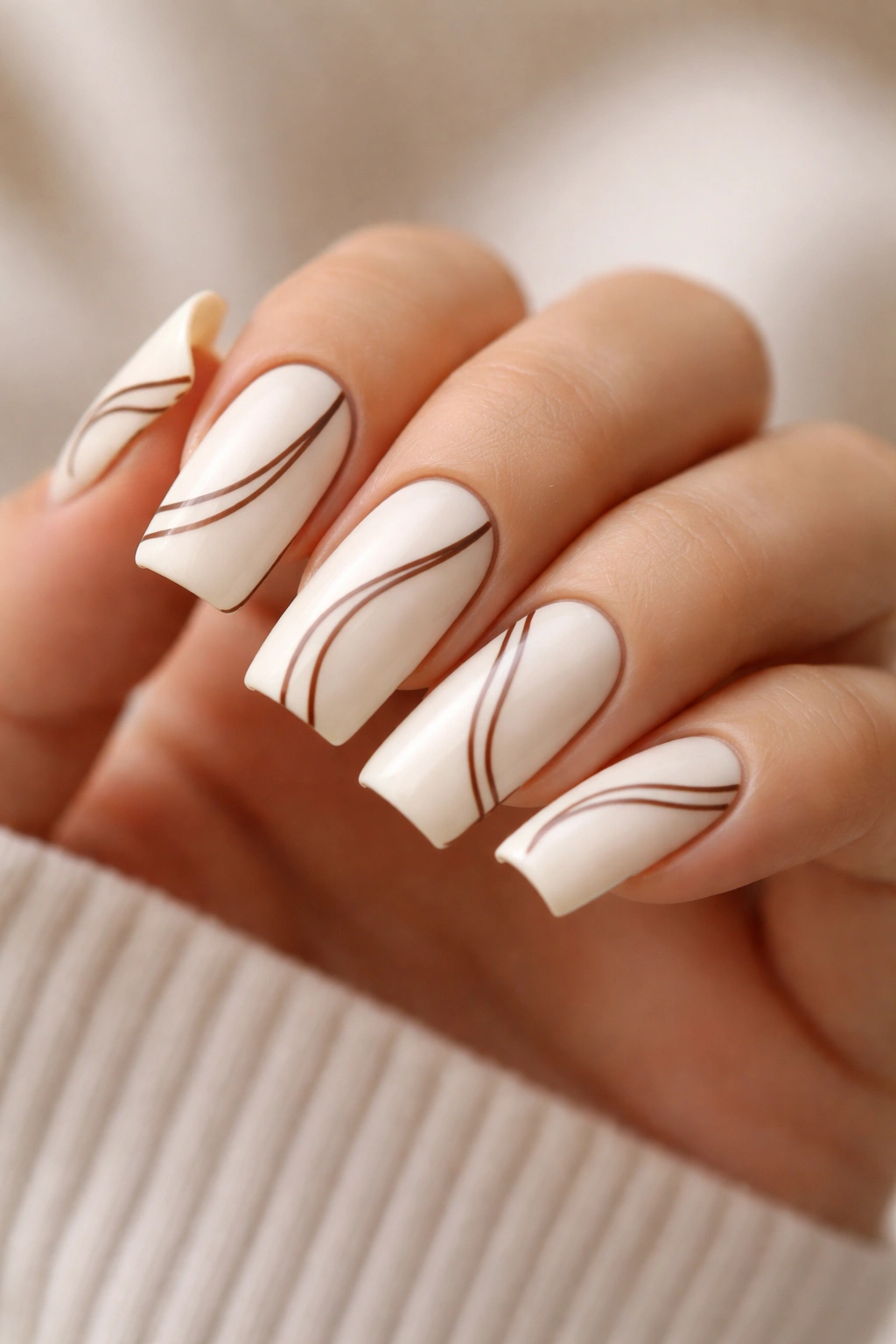 Close-up of duck nails with cream base and brown lines