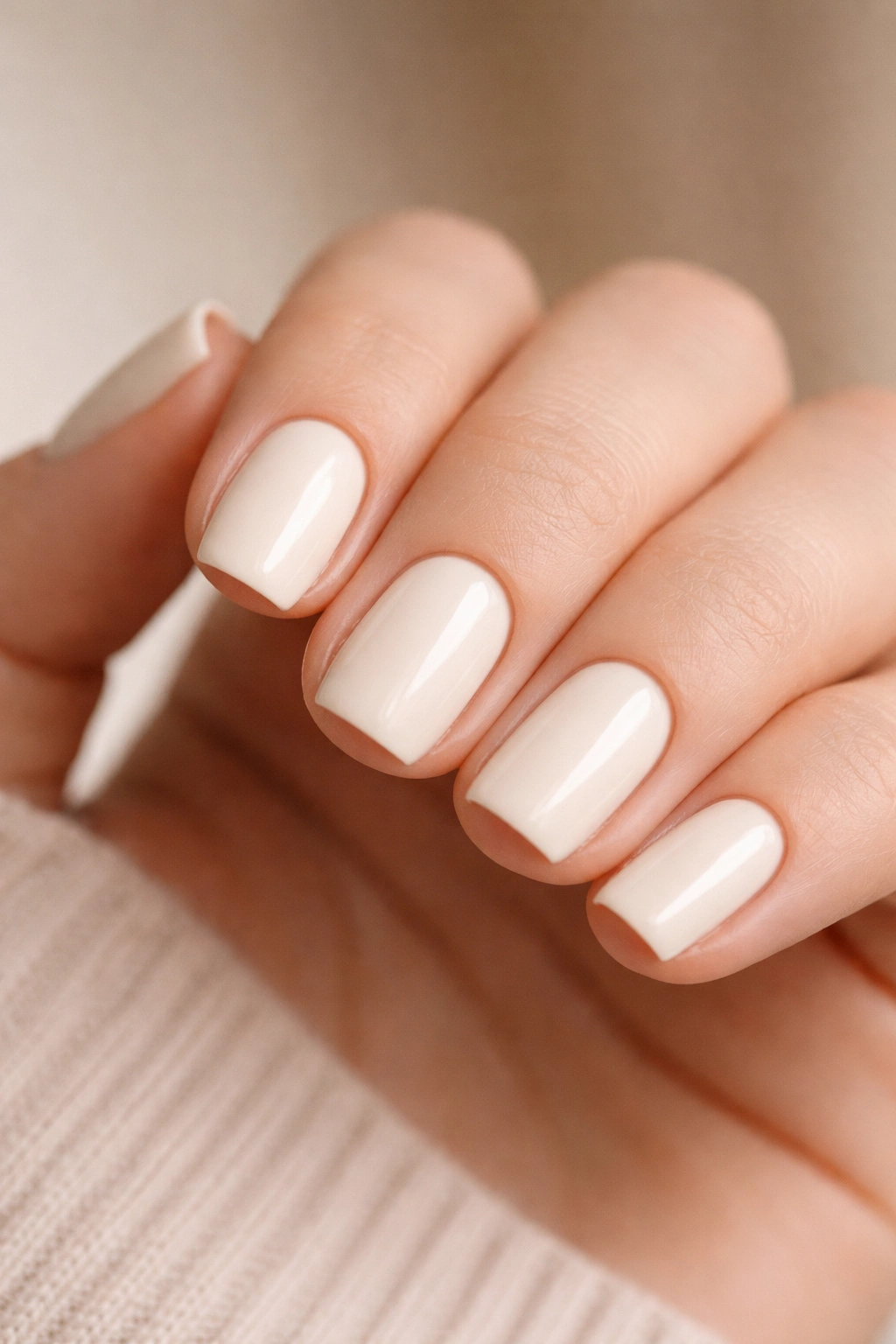 Nails in classic cream with crisp edges on short squoval nails