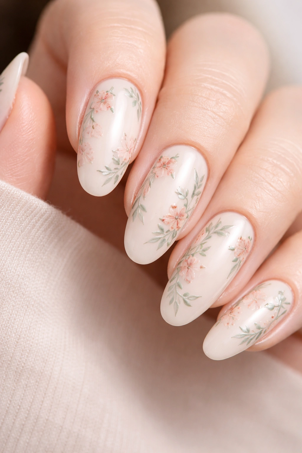 Close-up of cream long oval nails with delicate floral art in muted tones