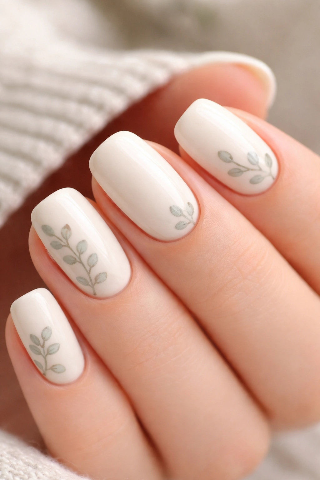 Close-up of cream nails with minimalist eucalyptus line art