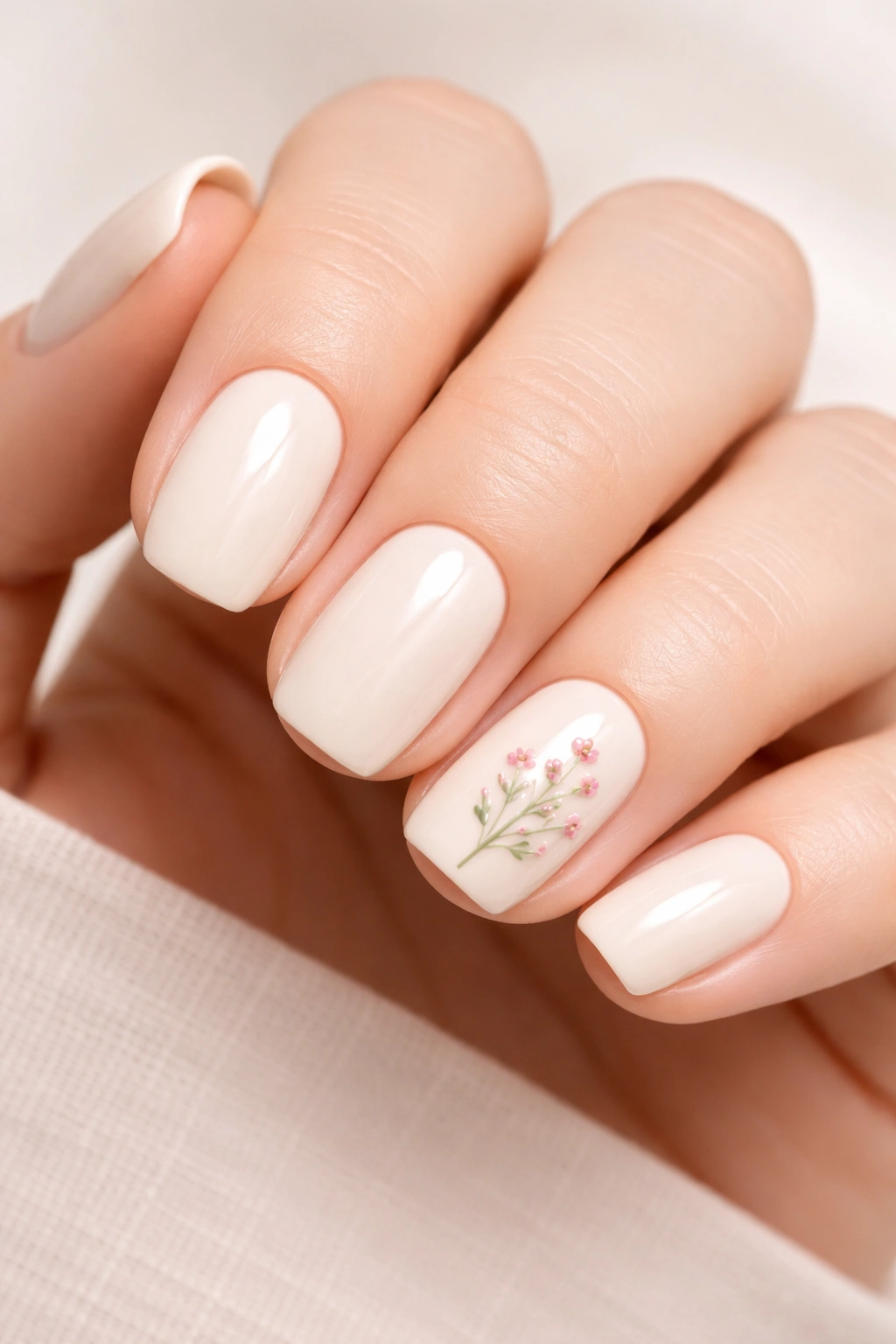 Close-up of cream nails with a delicate pink flower accent on the ring finger