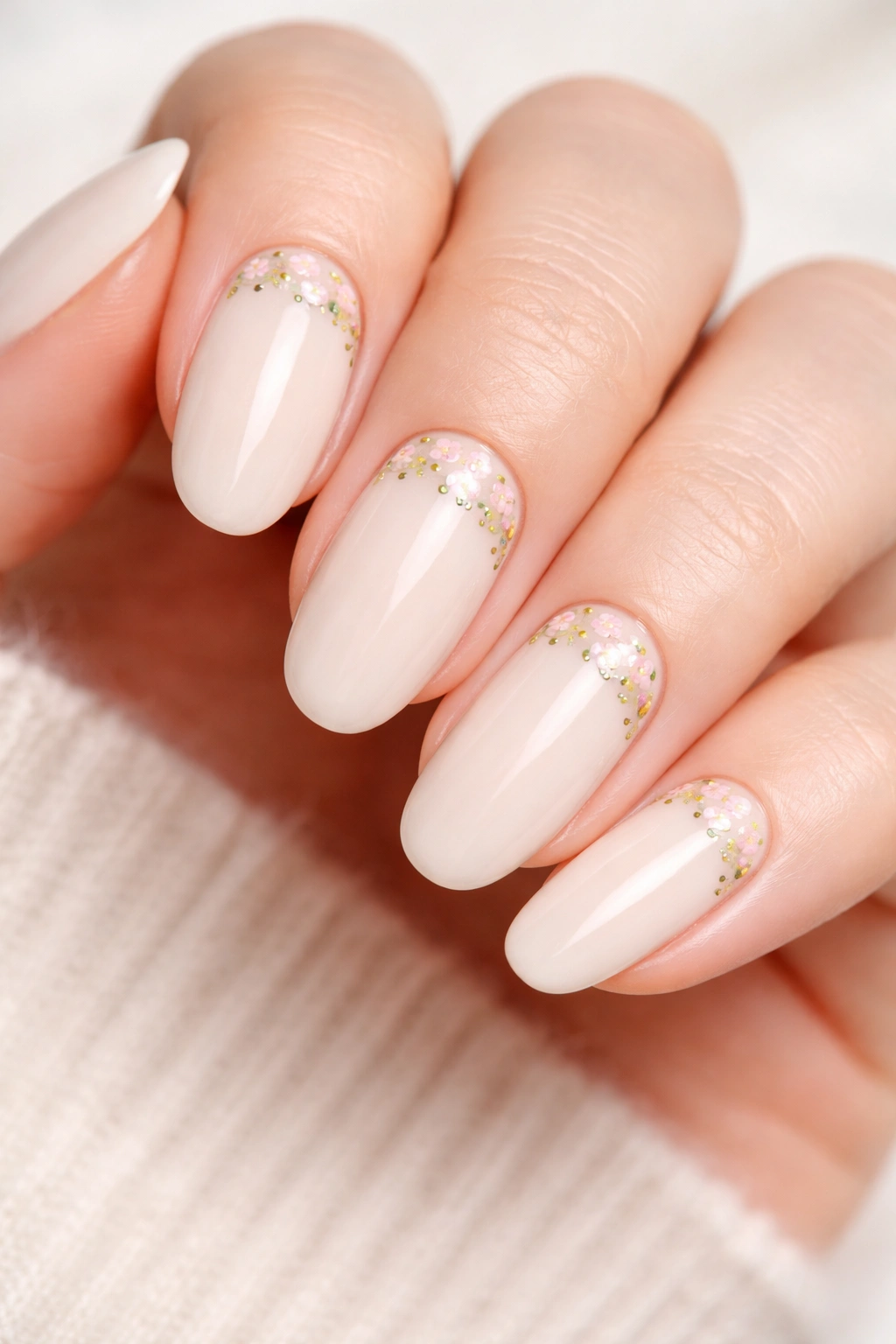 Close-up of cream nails with tiny floral details at the base