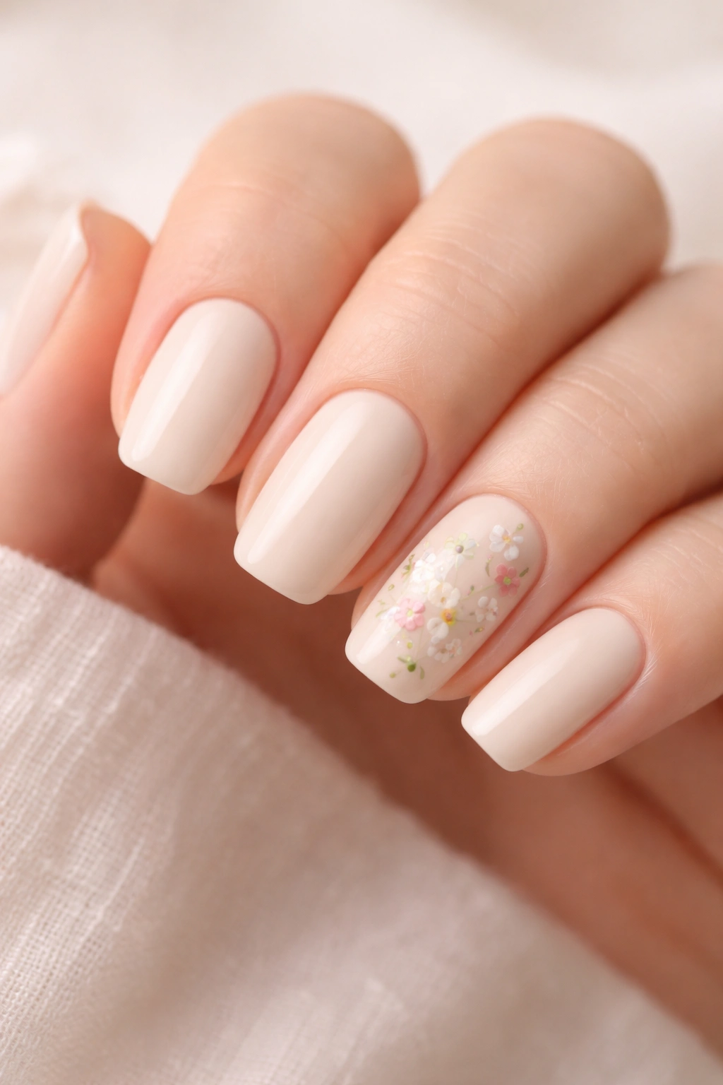 Close-up of soft cream squoval nails with tiny delicate florals