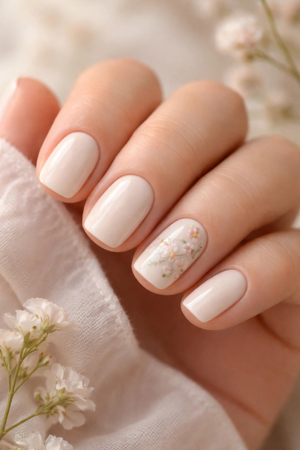 Cream nails with delicate floral accents on short squoval nails
