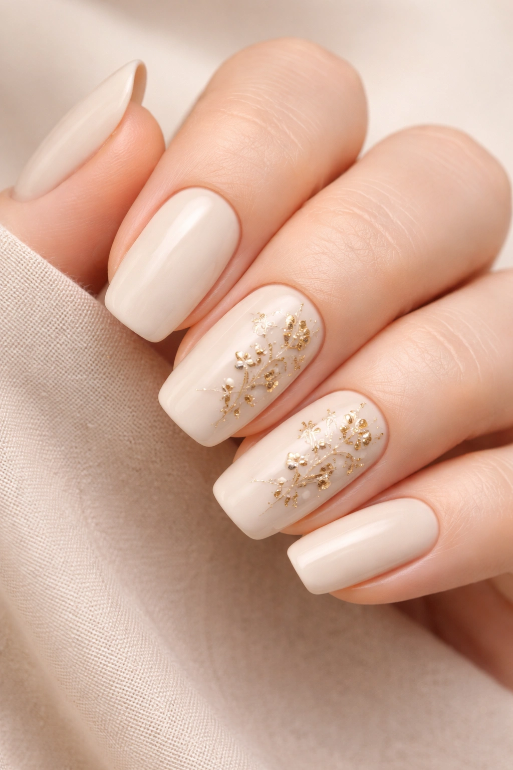 Close-up of cream nails with delicate gold floral designs on accent nails