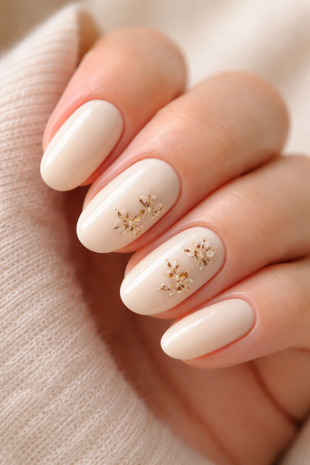 Cream nails with delicate gold floral designs
