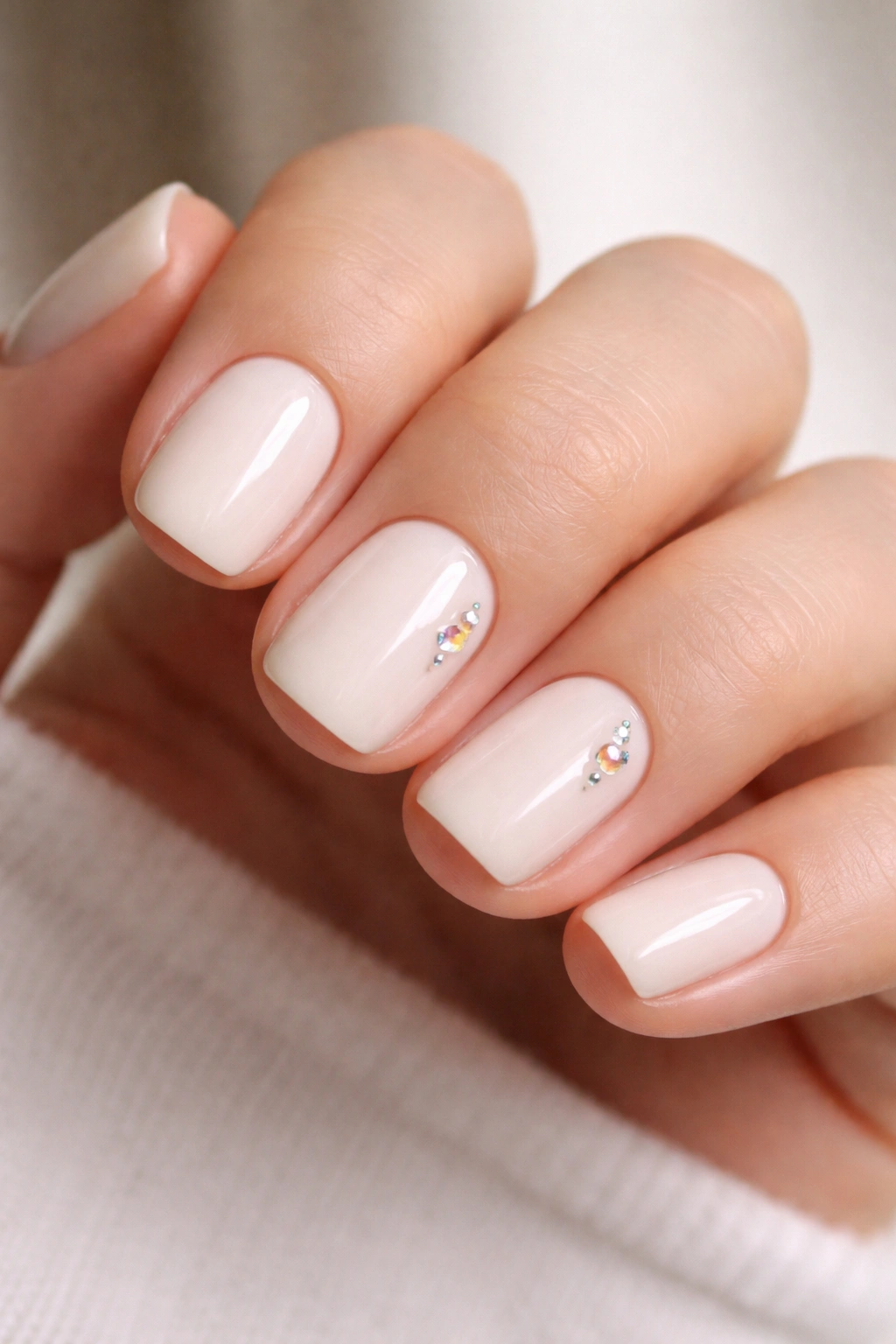 Short squoval nails with cream base and tiny scattered gemstones