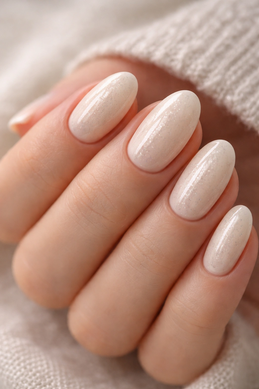 Short almond nails with subtle glitter on cream polish.