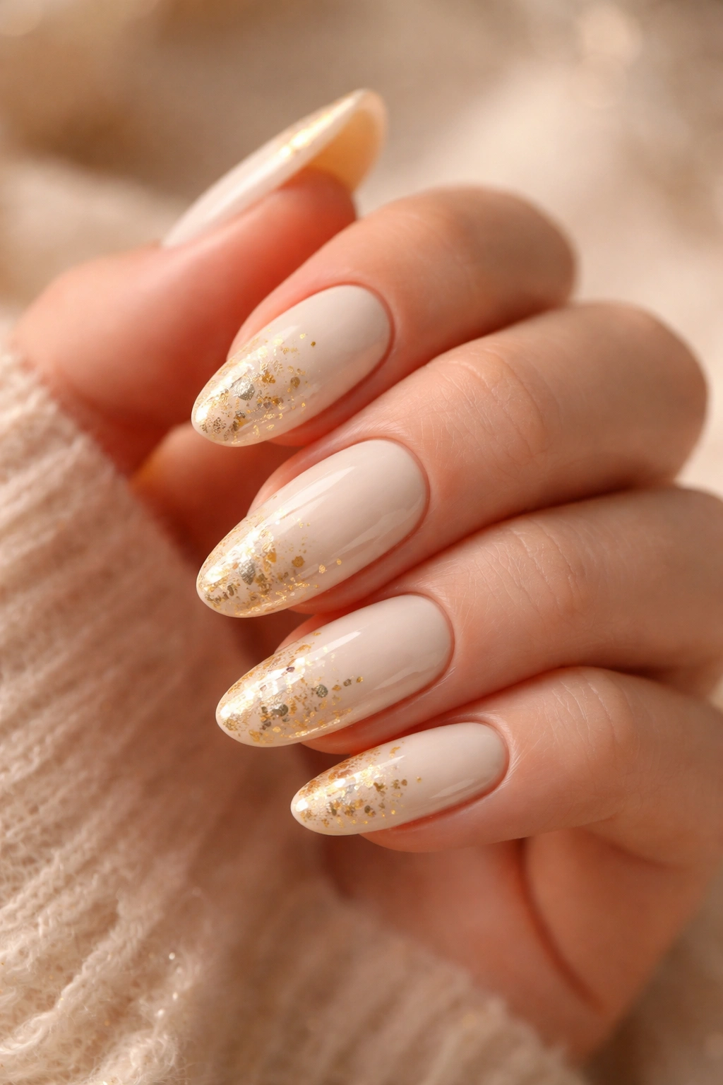 Close-up of cream-colored nails with gold accents, warm lighting