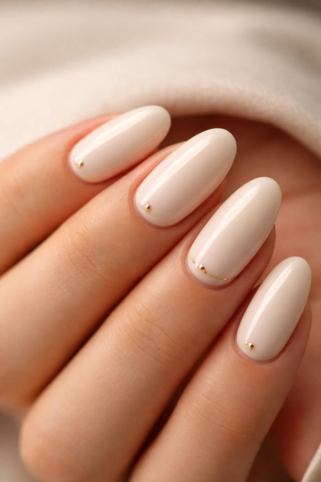 Short almond nails with cream polish and tiny gold accents near the cuticle