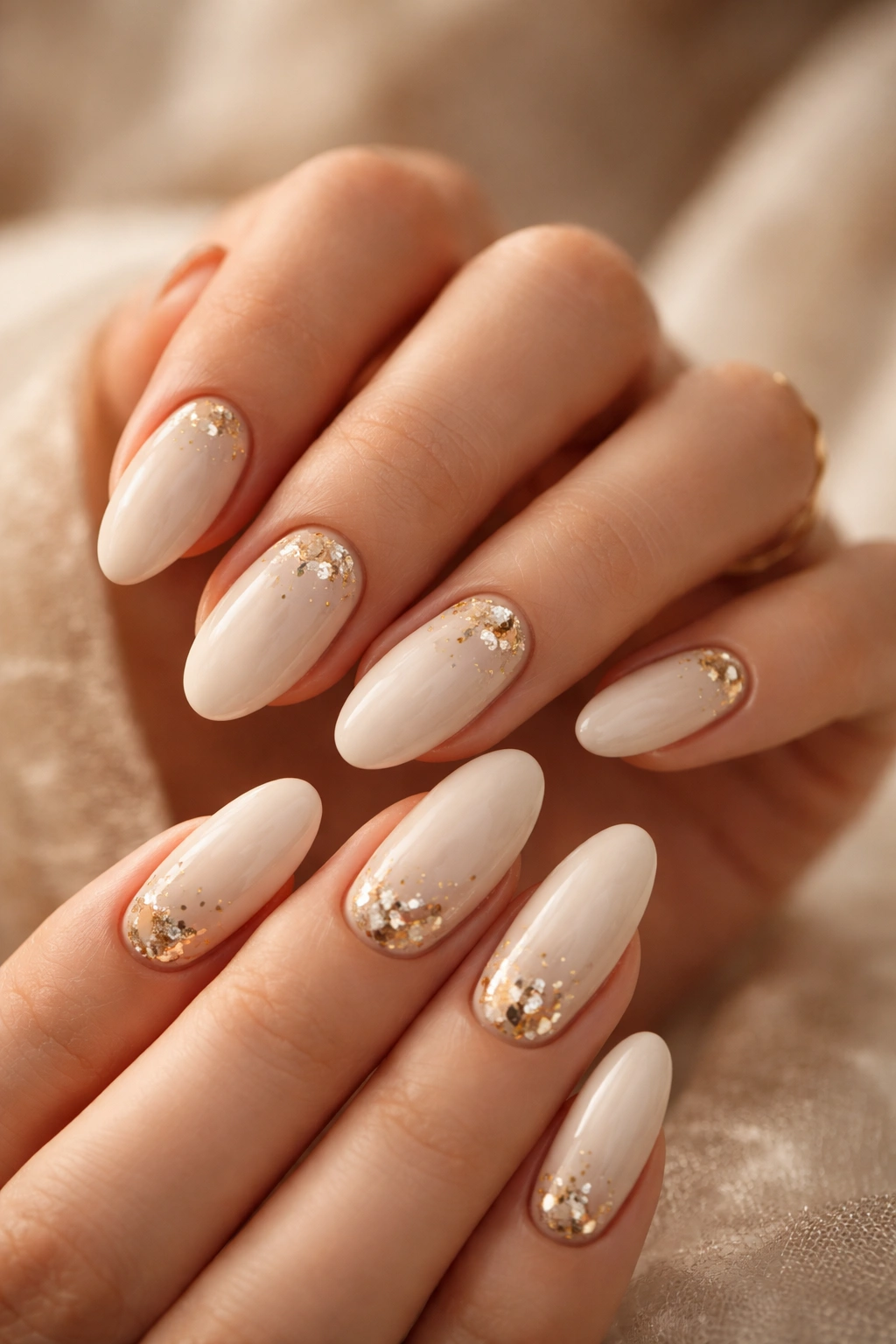 Close-up of cream nails with gold foil accents on a hand in warm studio lighting