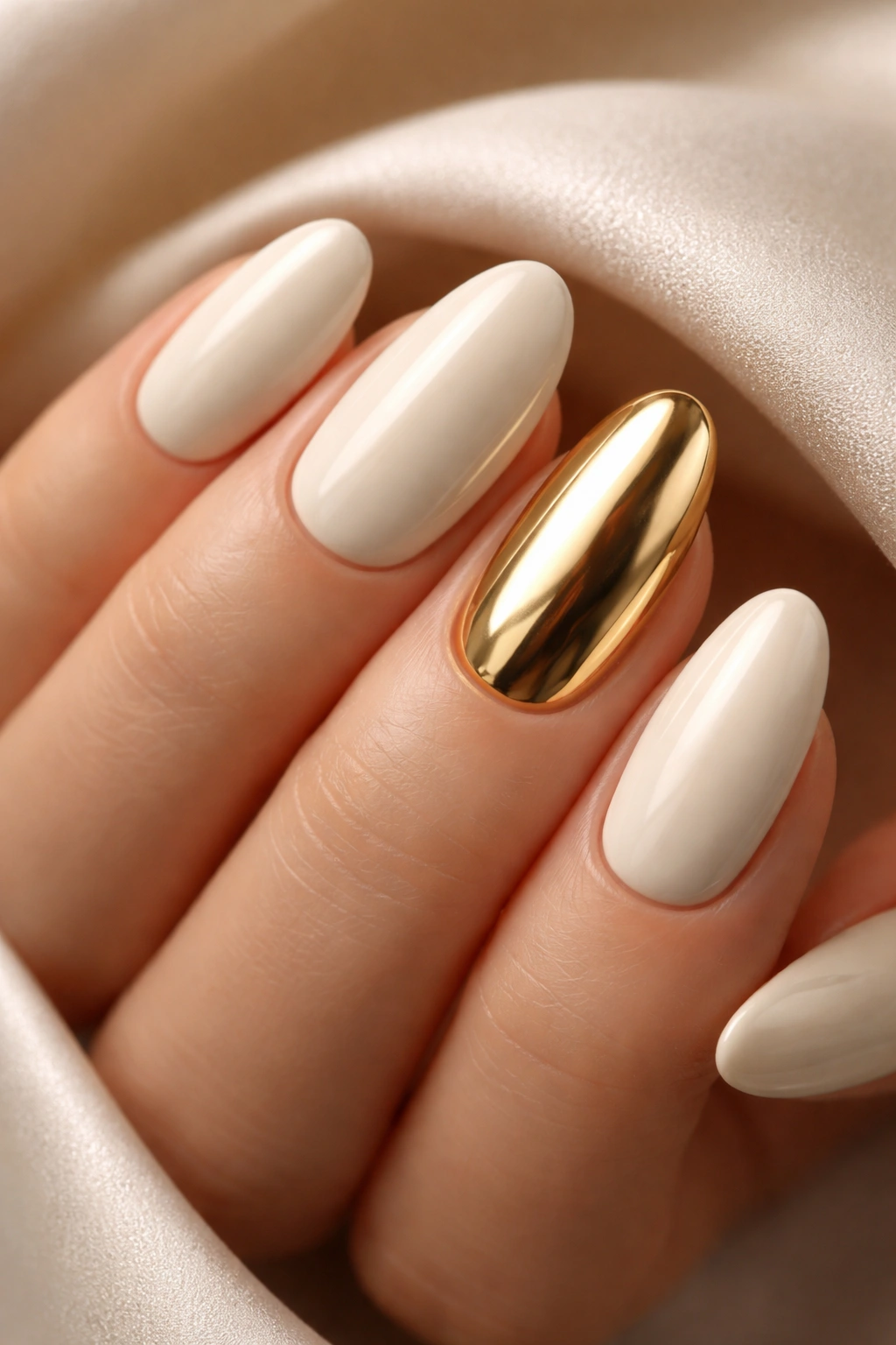 Close-up of cream nails with a gold chrome accent nail on a hand