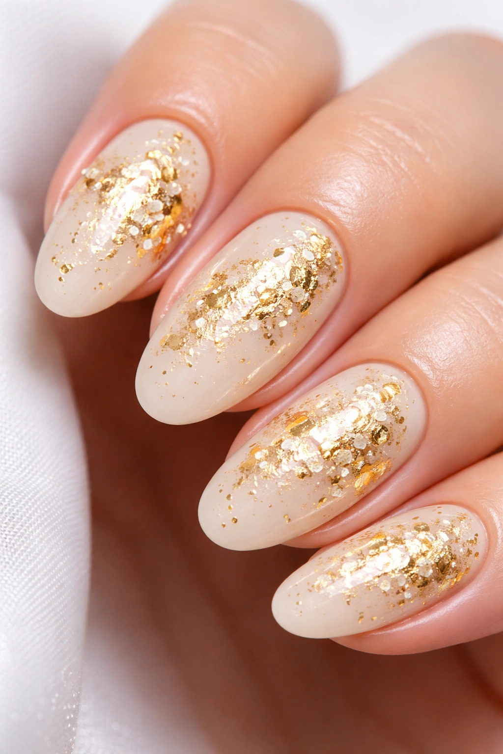 Cream nails with gold foil flakes close-up