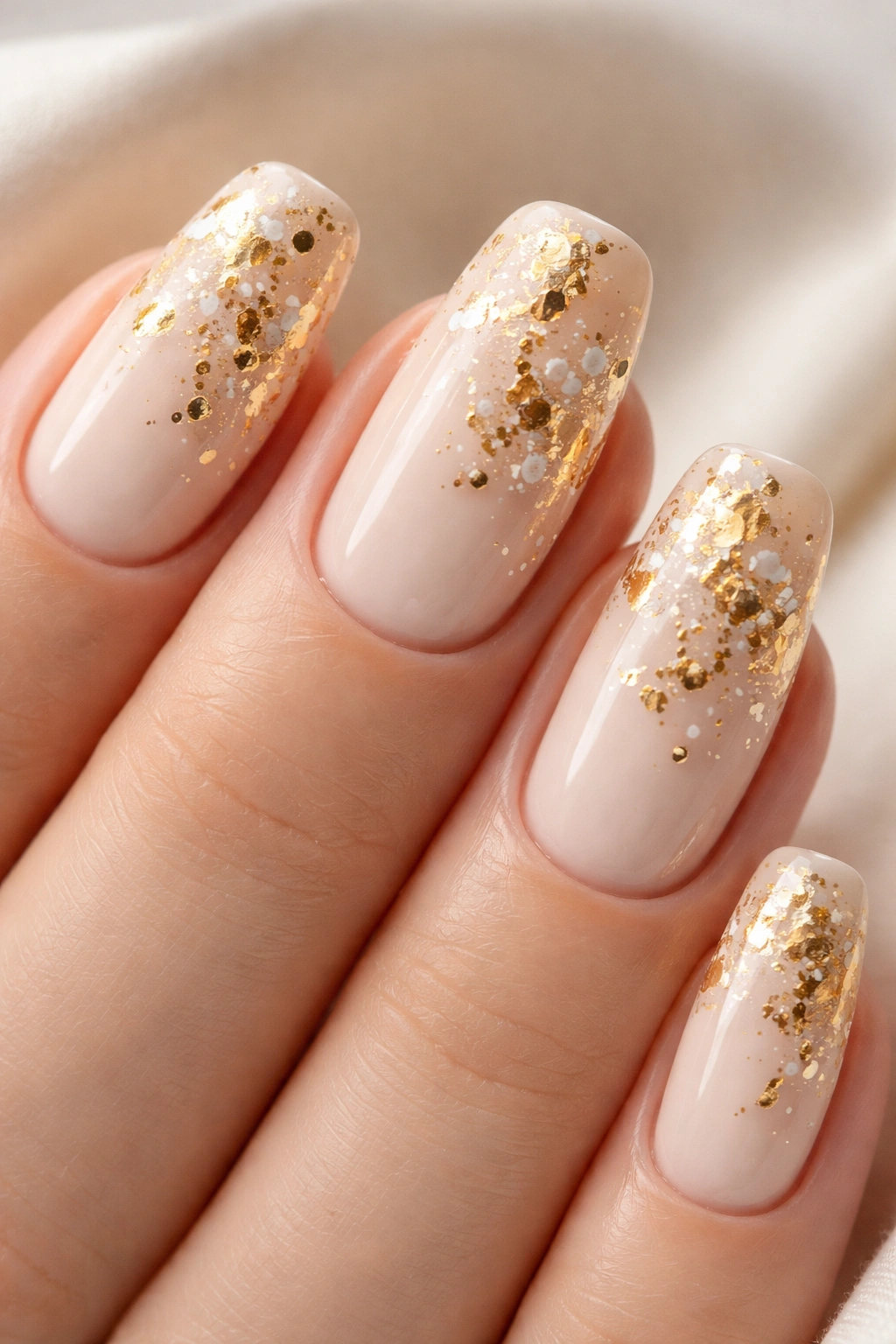 Nails with cream base and scattered gold foil flakes