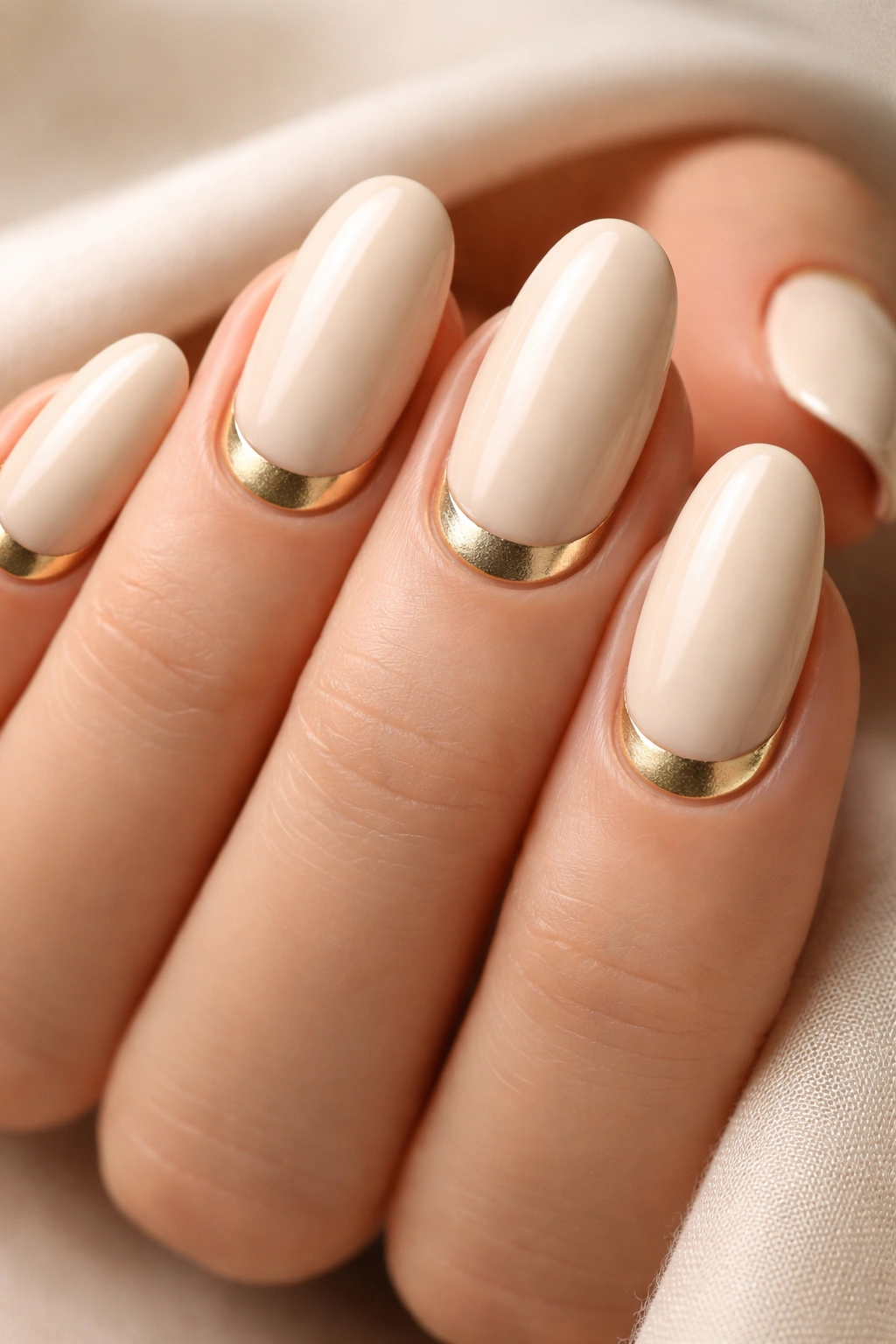 Cream nails featuring gold half-moon design at base