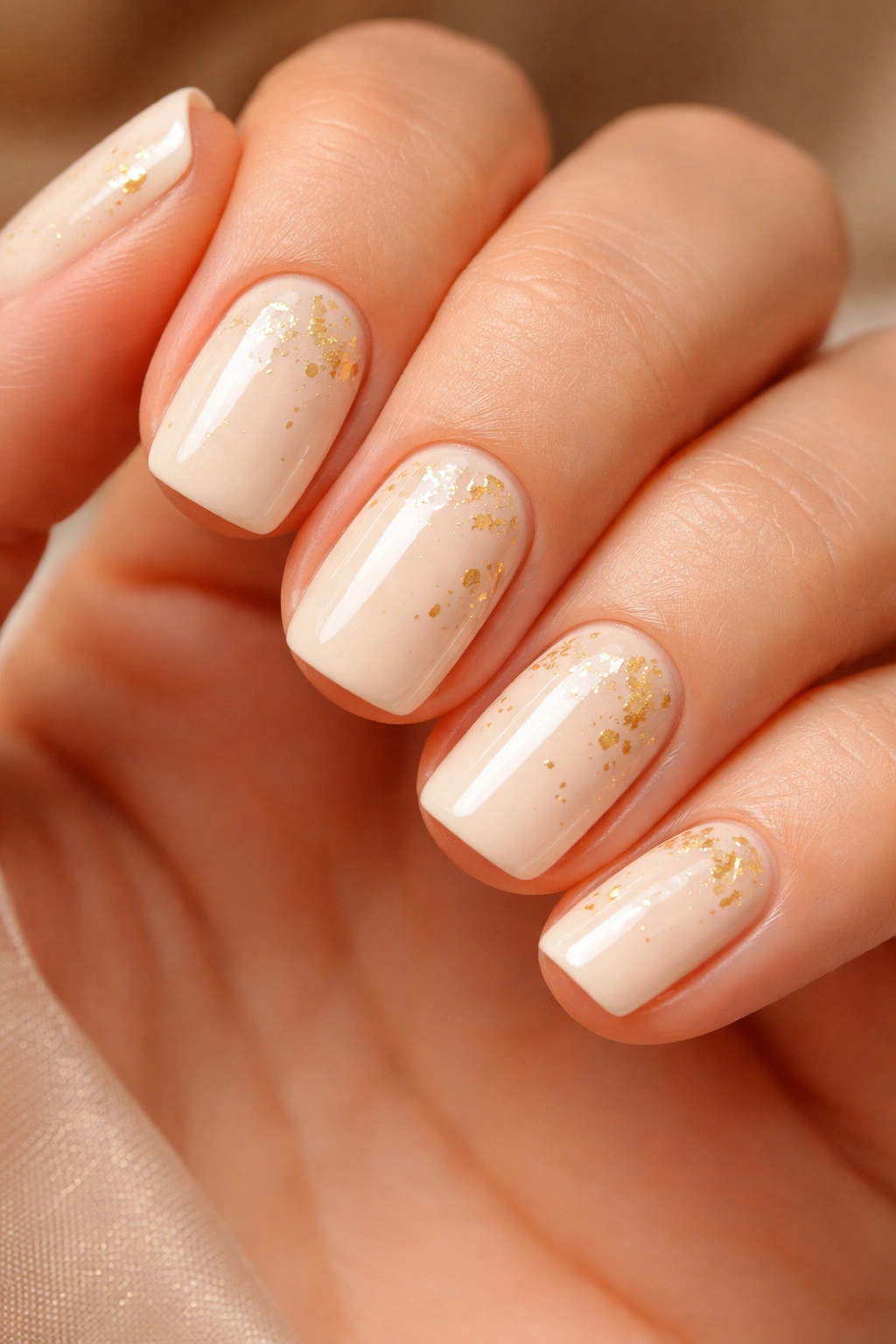 Close-up of cream nails with small gold leaf flecks