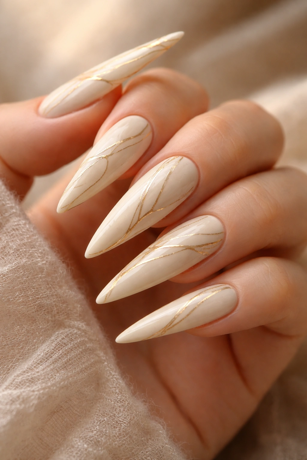Close-up of cream stiletto nails with fine gold line art