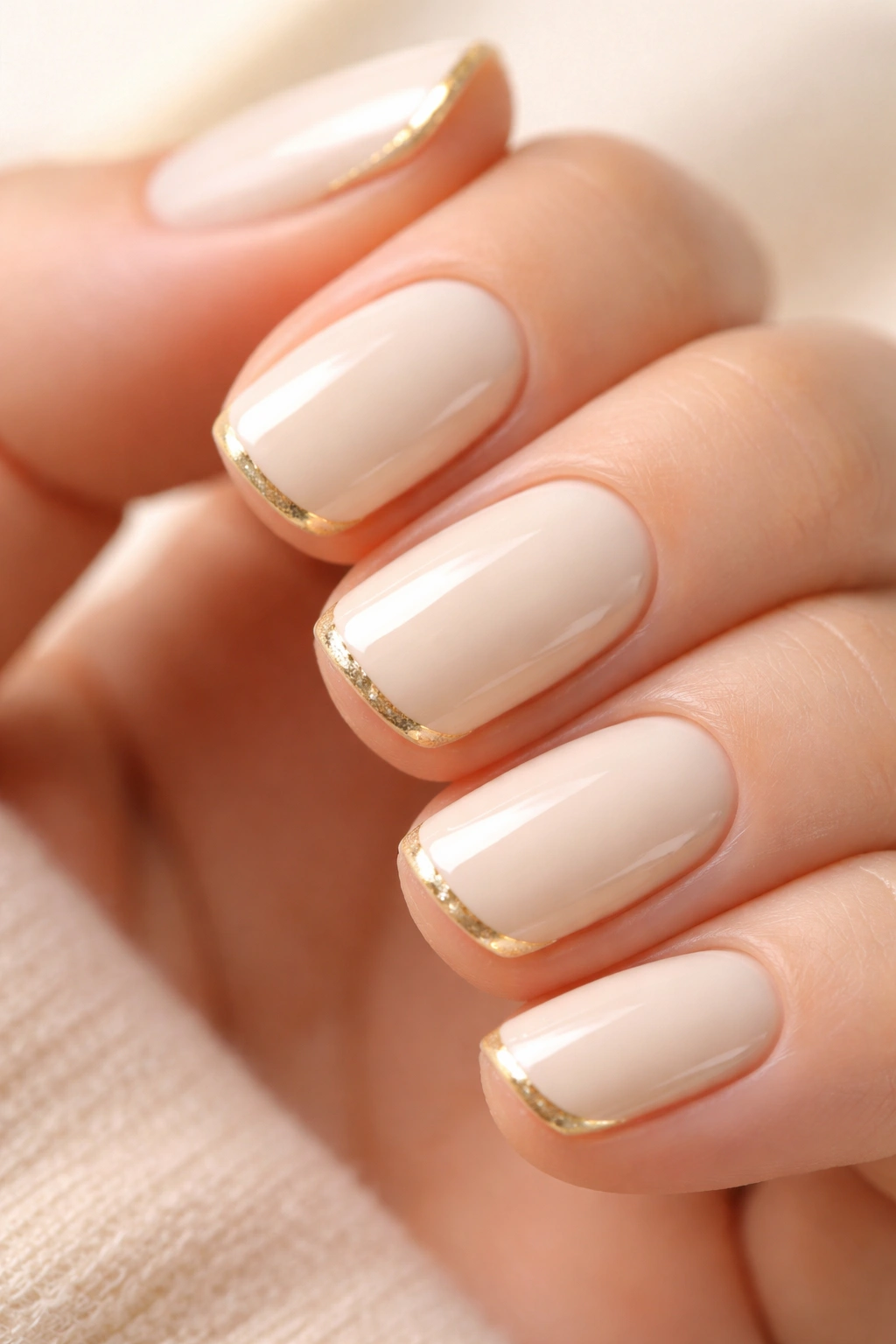 Nails with cream base and gold outline French tips close-up
