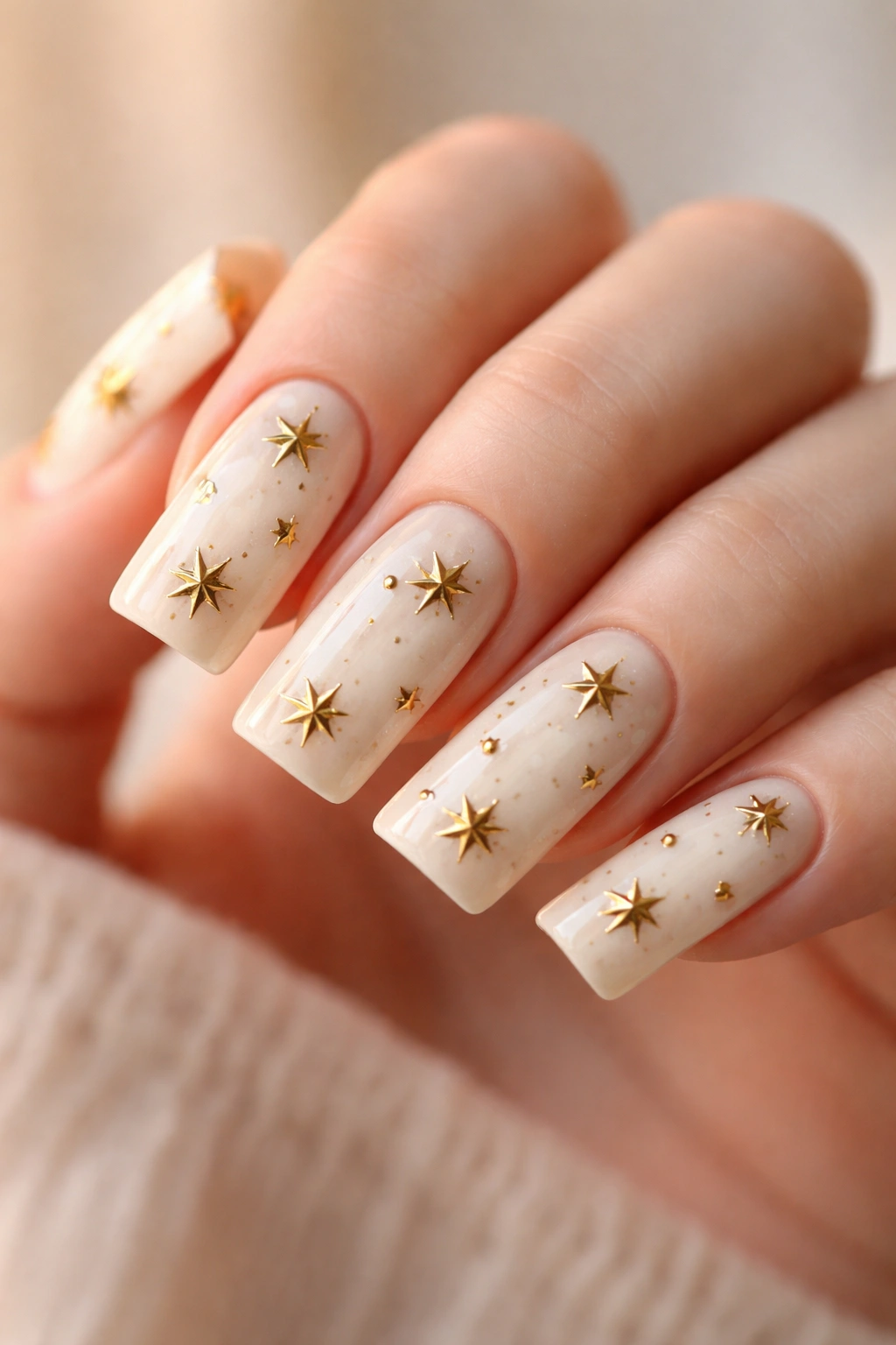 Close-up of duck nails with cream base and gold star accents.