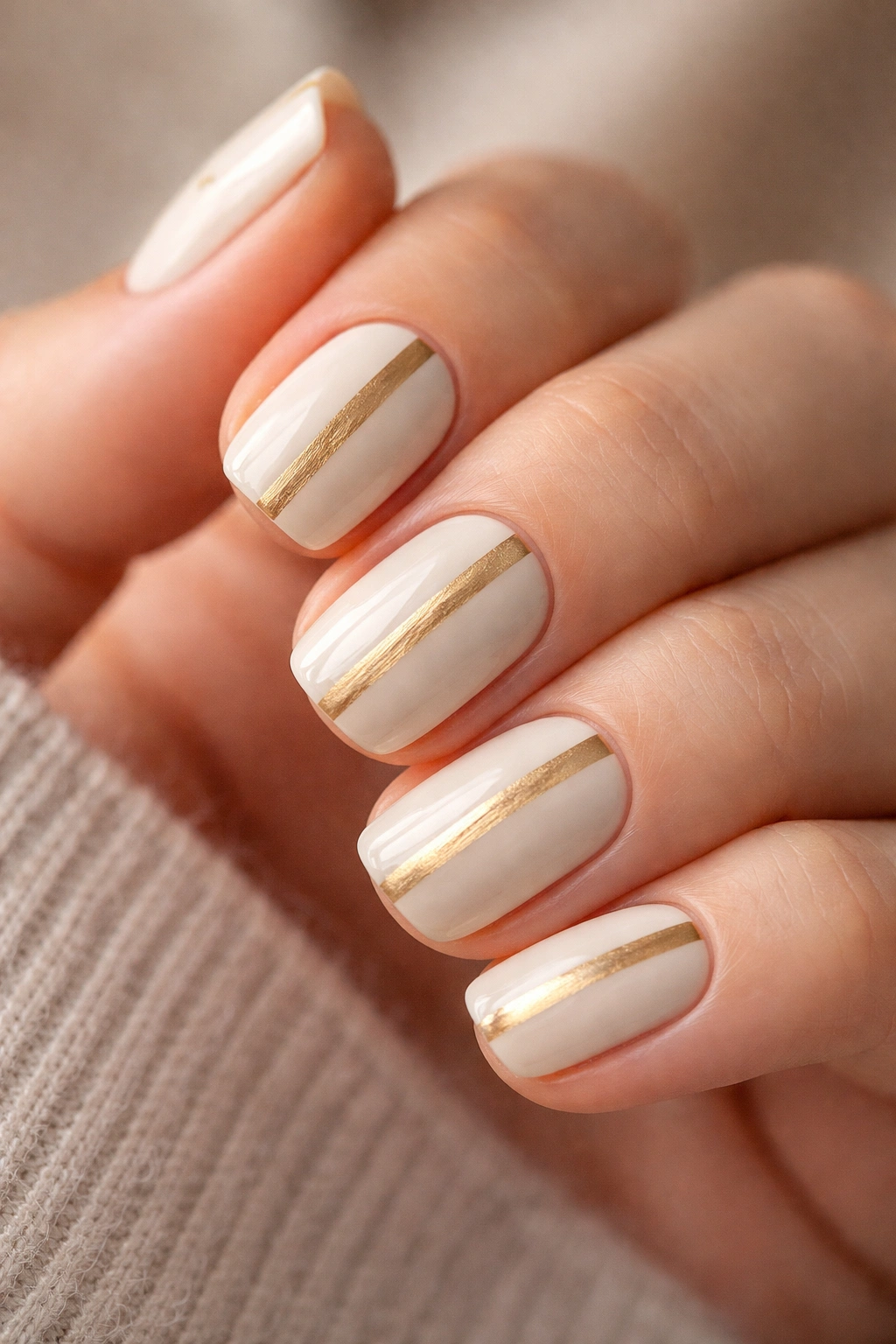 Close-up of short squoval nails with cream base and centered gold stripe