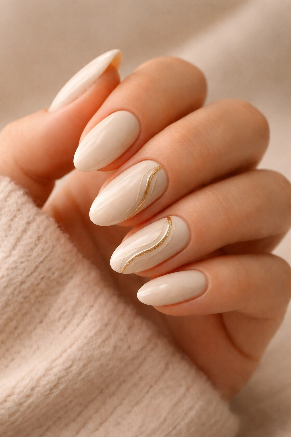 Cream nails with delicate gold swirl accents on a neutral background