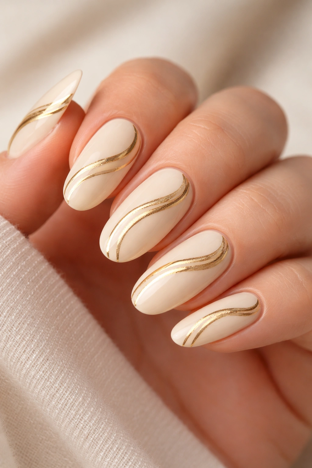 Close-up nails with cream base and gold swirls